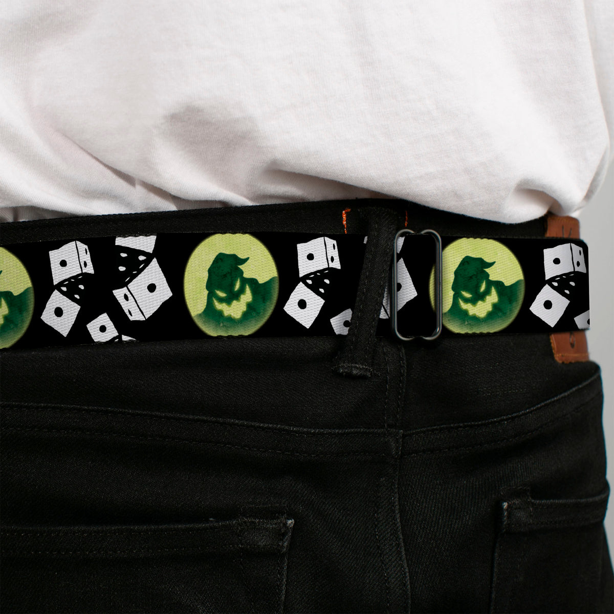 Oogie Boogie CLOSE-UP2 Full Color Seatbelt Belt - Oogie Boogie Moon Shadow/Rolling Dice Black/White Webbing