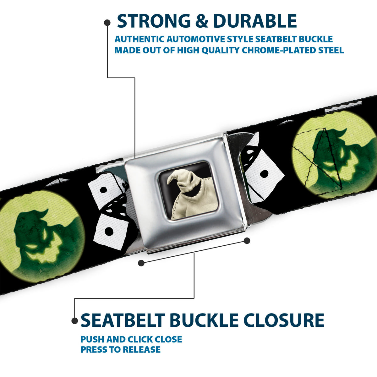 Oogie Boogie CLOSE-UP2 Full Color Seatbelt Belt - Oogie Boogie Moon Shadow/Rolling Dice Black/White Webbing