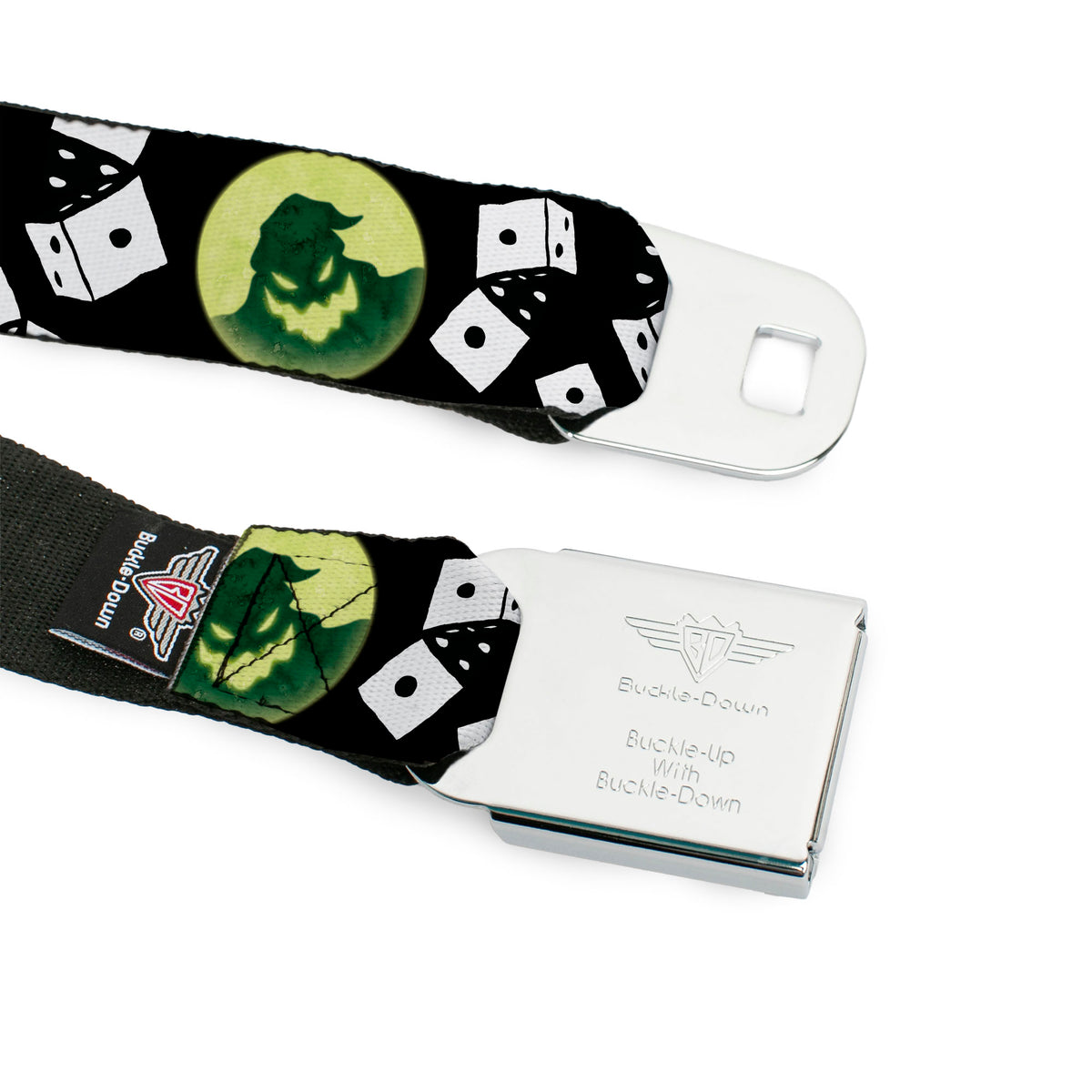 Oogie Boogie CLOSE-UP2 Full Color Seatbelt Belt - Oogie Boogie Moon Shadow/Rolling Dice Black/White Webbing