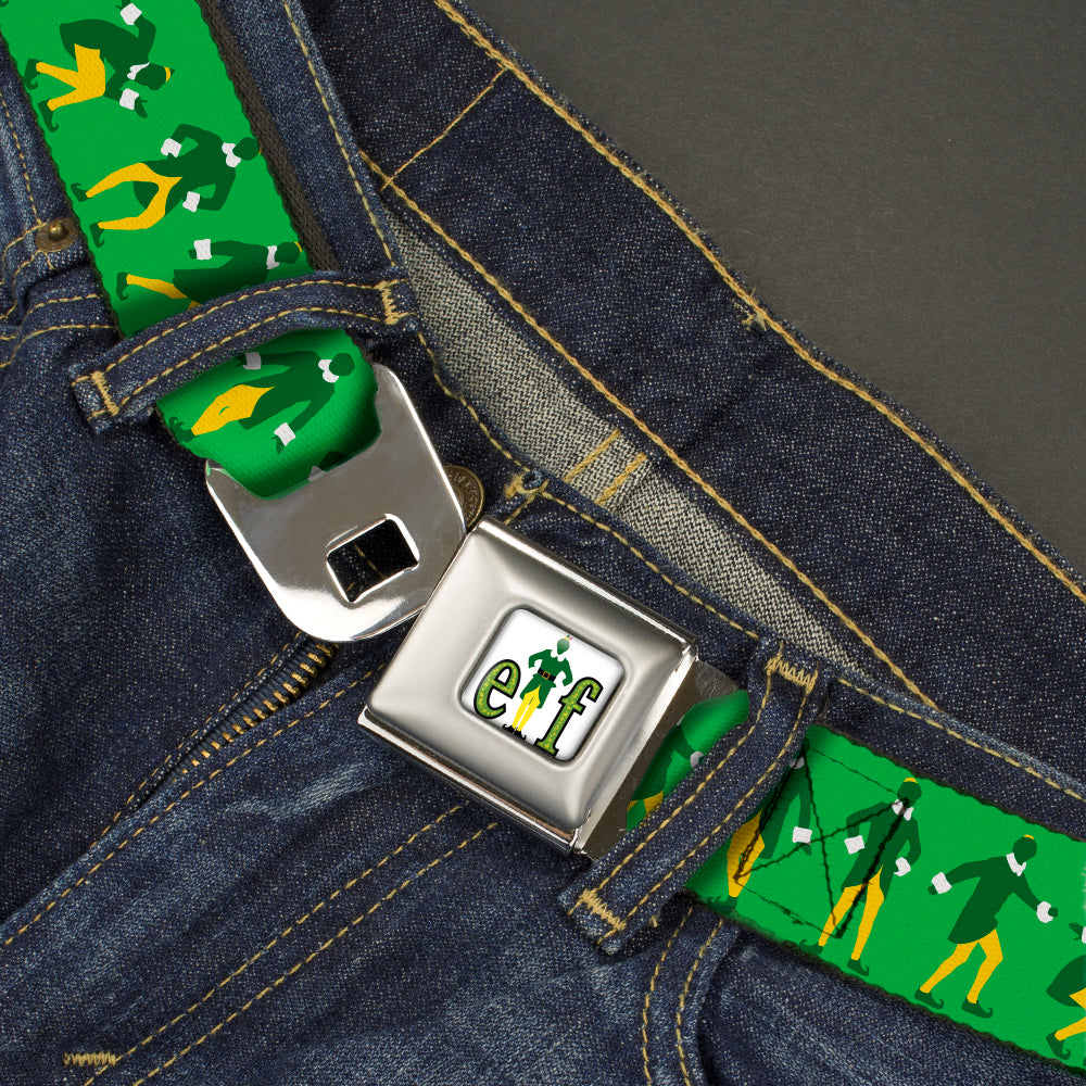 ELF Buddy the Elf Logo Full Color White/Greens/Yellow Seatbelt Belt - Elf Buddy the Elf Silhouette Poses Greens/White/Yellow Webbing Seatbelt Belts Elf