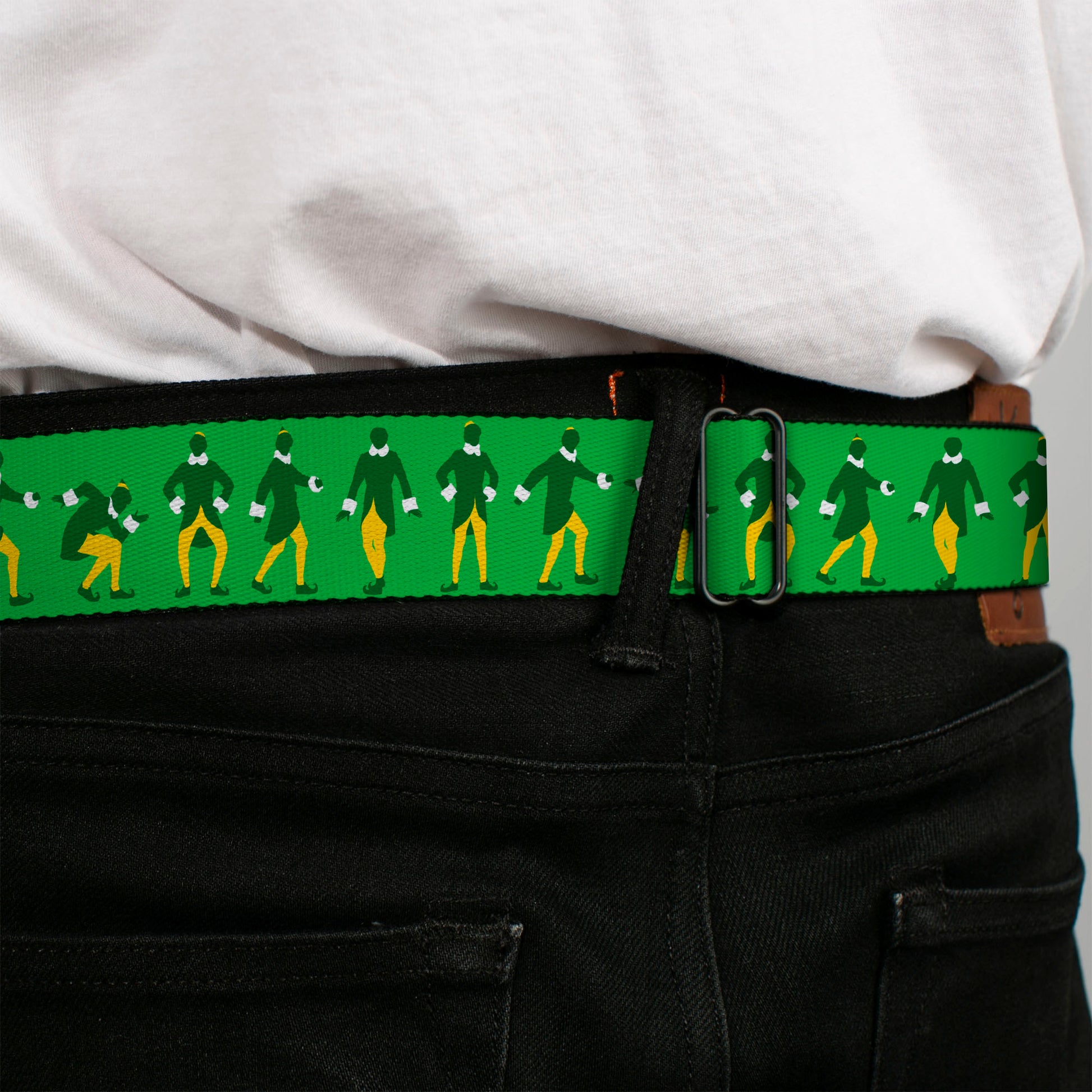 ELF Buddy the Elf Logo Full Color White/Greens/Yellow Seatbelt Belt - Elf Buddy the Elf Silhouette Poses Greens/White/Yellow Webbing Seatbelt Belts Elf
