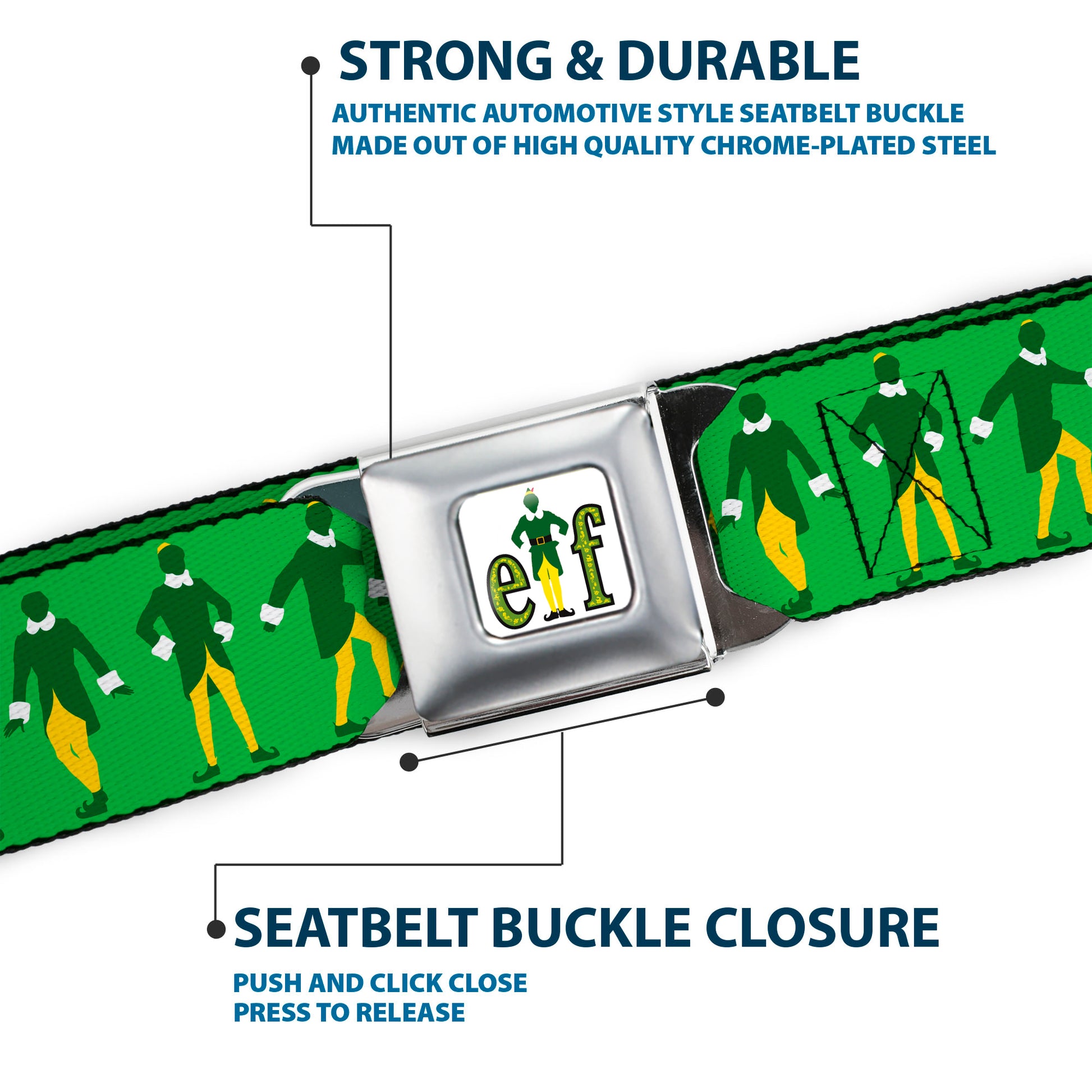 ELF Buddy the Elf Logo Full Color White/Greens/Yellow Seatbelt Belt - Elf Buddy the Elf Silhouette Poses Greens/White/Yellow Webbing Seatbelt Belts Elf