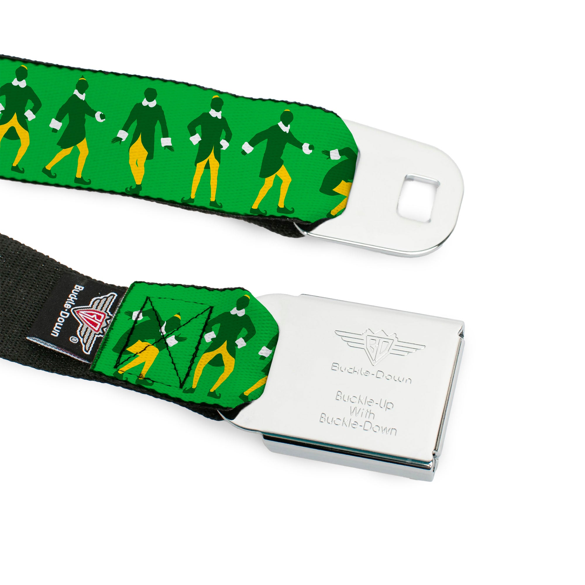 ELF Buddy the Elf Logo Full Color White/Greens/Yellow Seatbelt Belt - Elf Buddy the Elf Silhouette Poses Greens/White/Yellow Webbing Seatbelt Belts Elf
