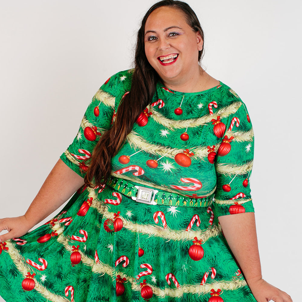 ELF Buddy the Elf Logo Full Color White/Greens/Yellow Seatbelt Belt - Elf Buddy the Elf Silhouette Poses Greens/White/Yellow Webbing Seatbelt Belts Elf