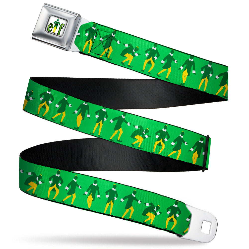 ELF Buddy the Elf Logo Full Color White/Greens/Yellow Seatbelt Belt - Elf Buddy the Elf Silhouette Poses Greens/White/Yellow Webbing Seatbelt Belts Elf