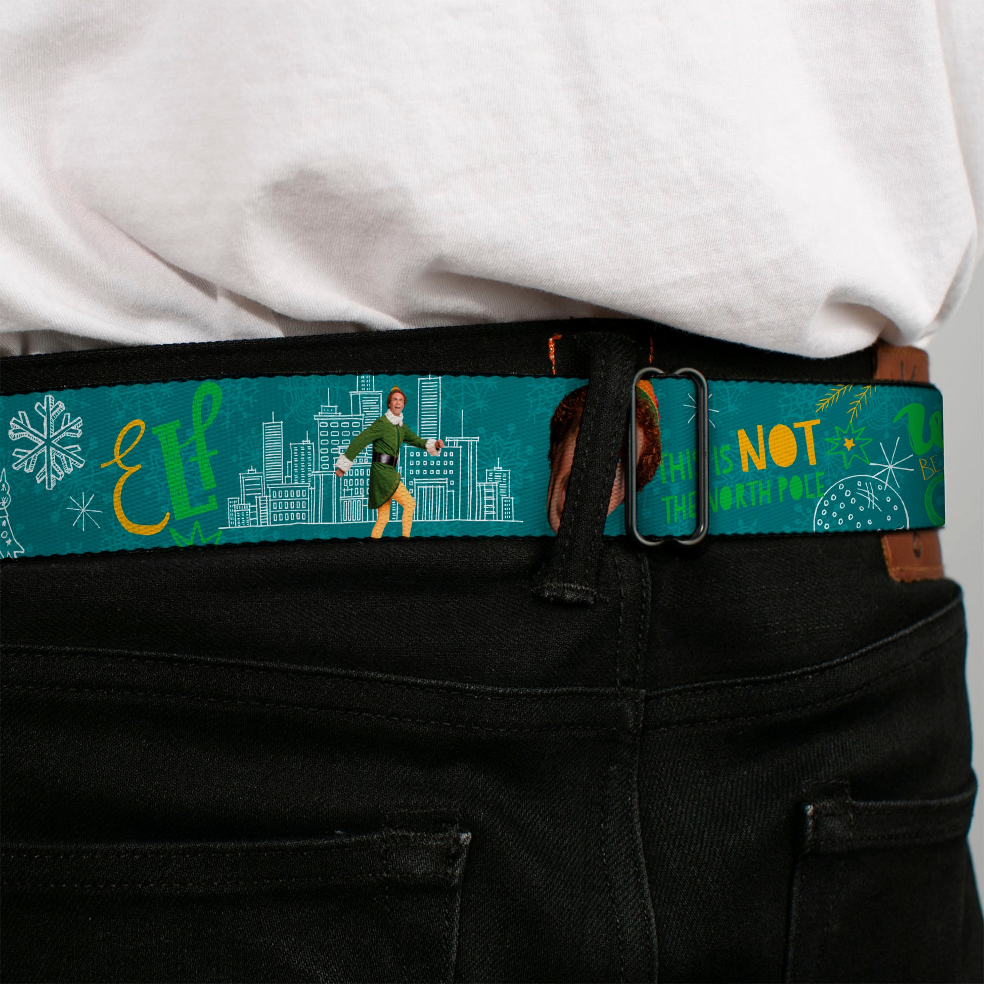 ELF Buddy the Elf Logo Full Color White/Greens/Yellow Seatbelt Belt - Elf Buddy the Elf Poses and Quotes Collage Blue/Green/White Webbing Seatbelt Belts Elf
