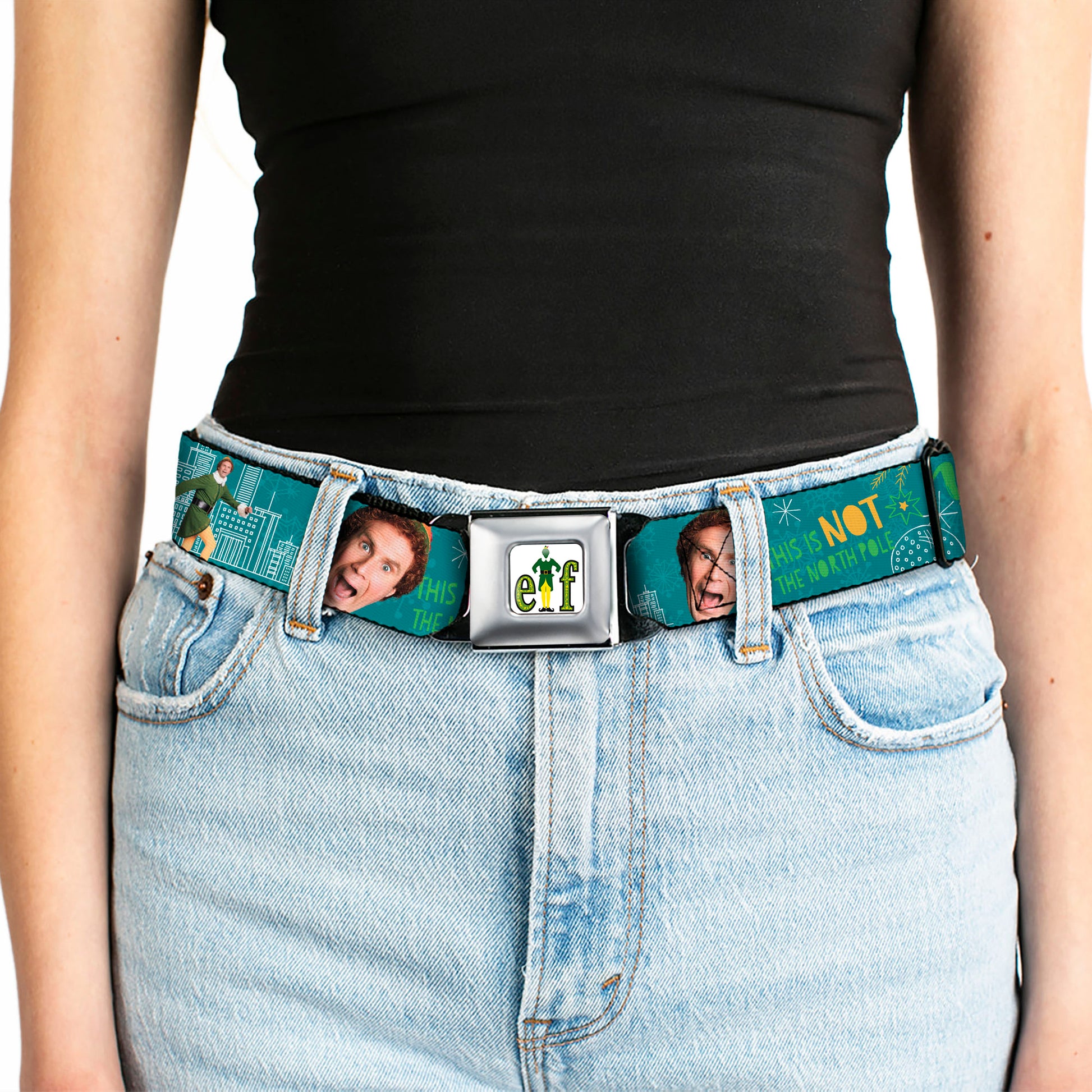 ELF Buddy the Elf Logo Full Color White/Greens/Yellow Seatbelt Belt - Elf Buddy the Elf Poses and Quotes Collage Blue/Green/White Webbing Seatbelt Belts Elf