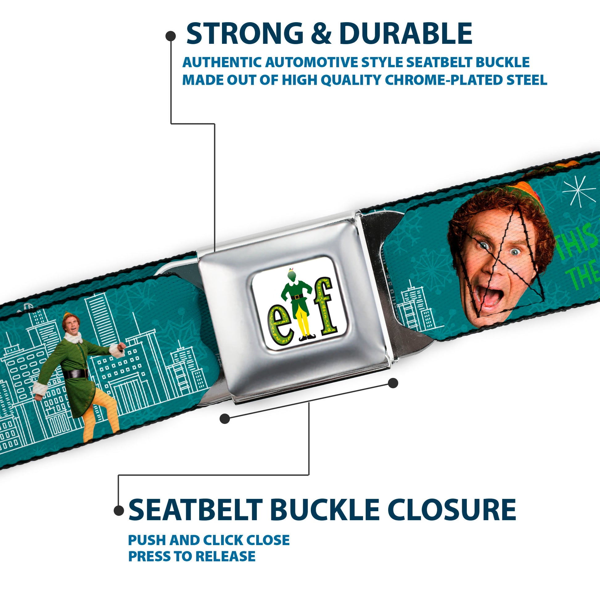 ELF Buddy the Elf Logo Full Color White/Greens/Yellow Seatbelt Belt - Elf Buddy the Elf Poses and Quotes Collage Blue/Green/White Webbing Seatbelt Belts Elf