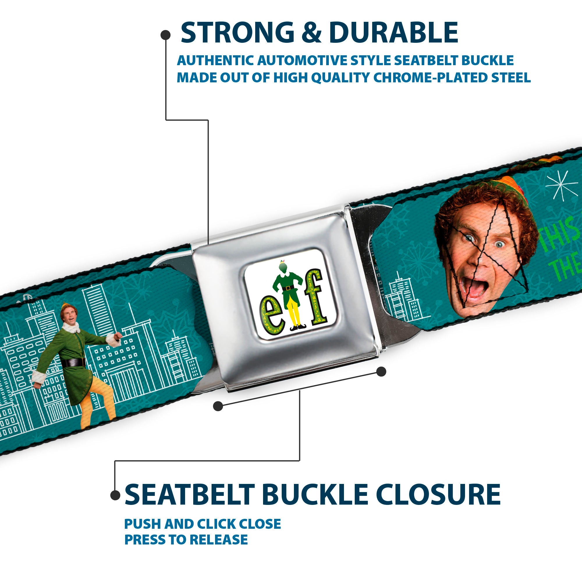 ELF Buddy the Elf Logo Full Color White/Greens/Yellow Seatbelt Belt - Elf Buddy the Elf Poses and Quotes Collage Blue/Green/White Webbing Seatbelt Belts Elf