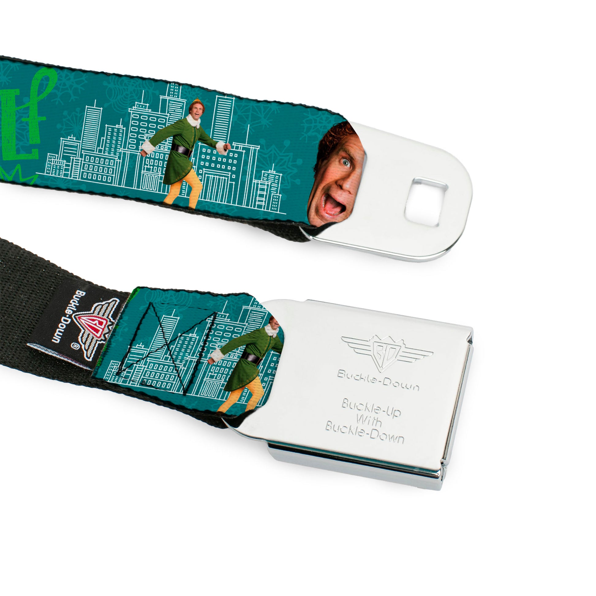 ELF Buddy the Elf Logo Full Color White/Greens/Yellow Seatbelt Belt - Elf Buddy the Elf Poses and Quotes Collage Blue/Green/White Webbing Seatbelt Belts Elf