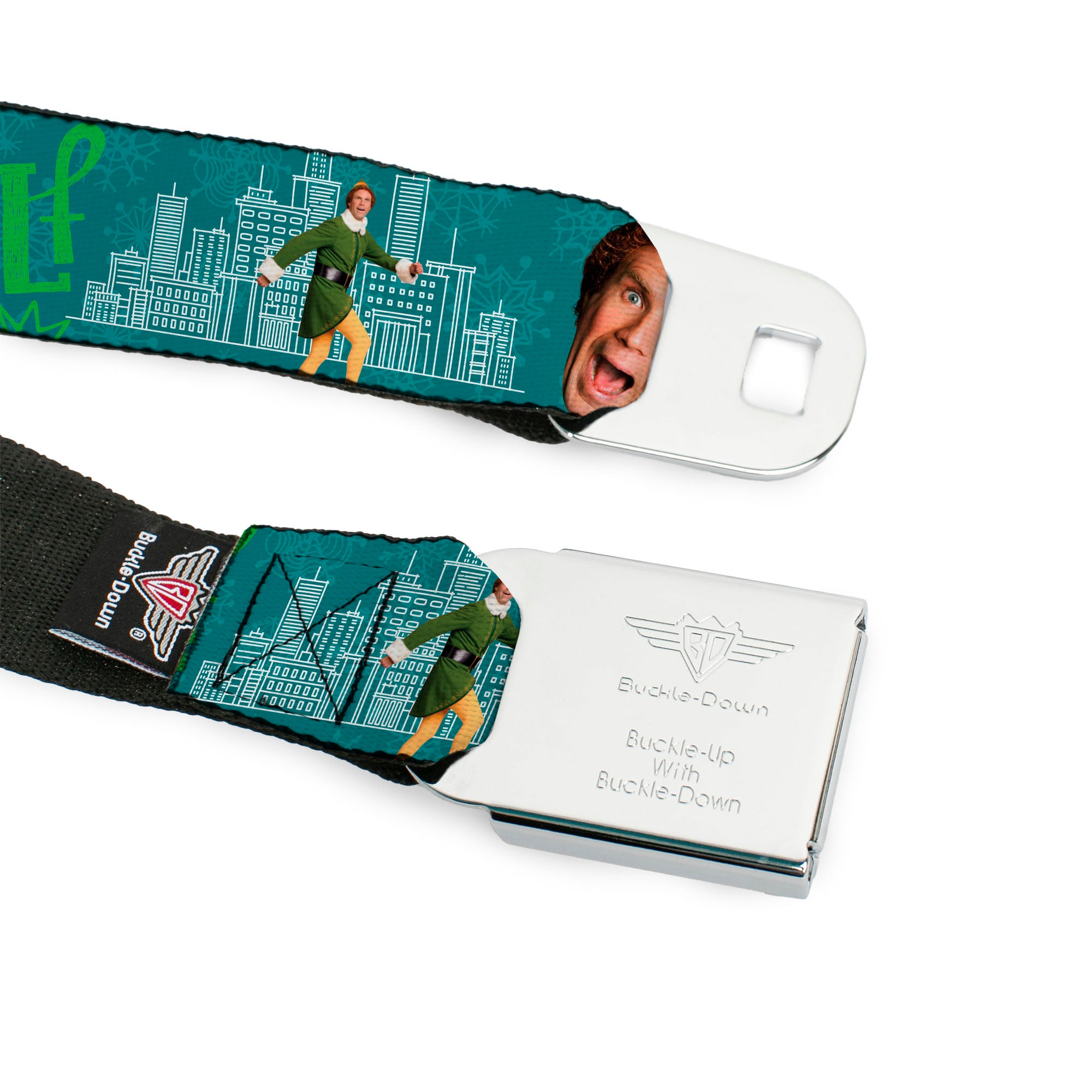ELF Buddy the Elf Logo Full Color White/Greens/Yellow Seatbelt Belt - Elf Buddy the Elf Poses and Quotes Collage Blue/Green/White Webbing Seatbelt Belts Elf