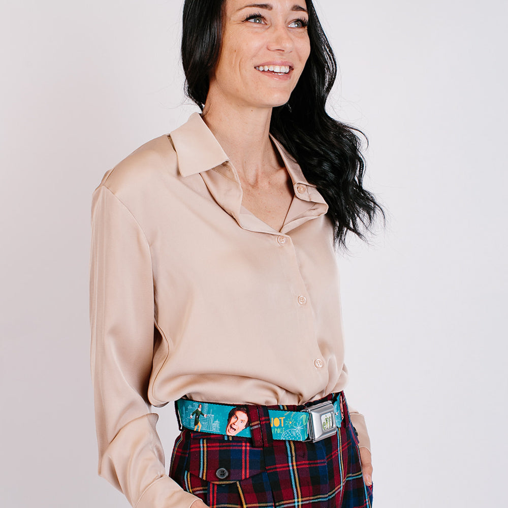 ELF Buddy the Elf Logo Full Color White/Greens/Yellow Seatbelt Belt - Elf Buddy the Elf Poses and Quotes Collage Blue/Green/White Webbing Seatbelt Belts Elf