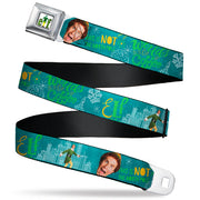 ELF Buddy the Elf Logo Full Color White/Greens/Yellow Seatbelt Belt - Elf Buddy the Elf Poses and Quotes Collage Blue/Green/White Webbing Seatbelt Belts Elf
