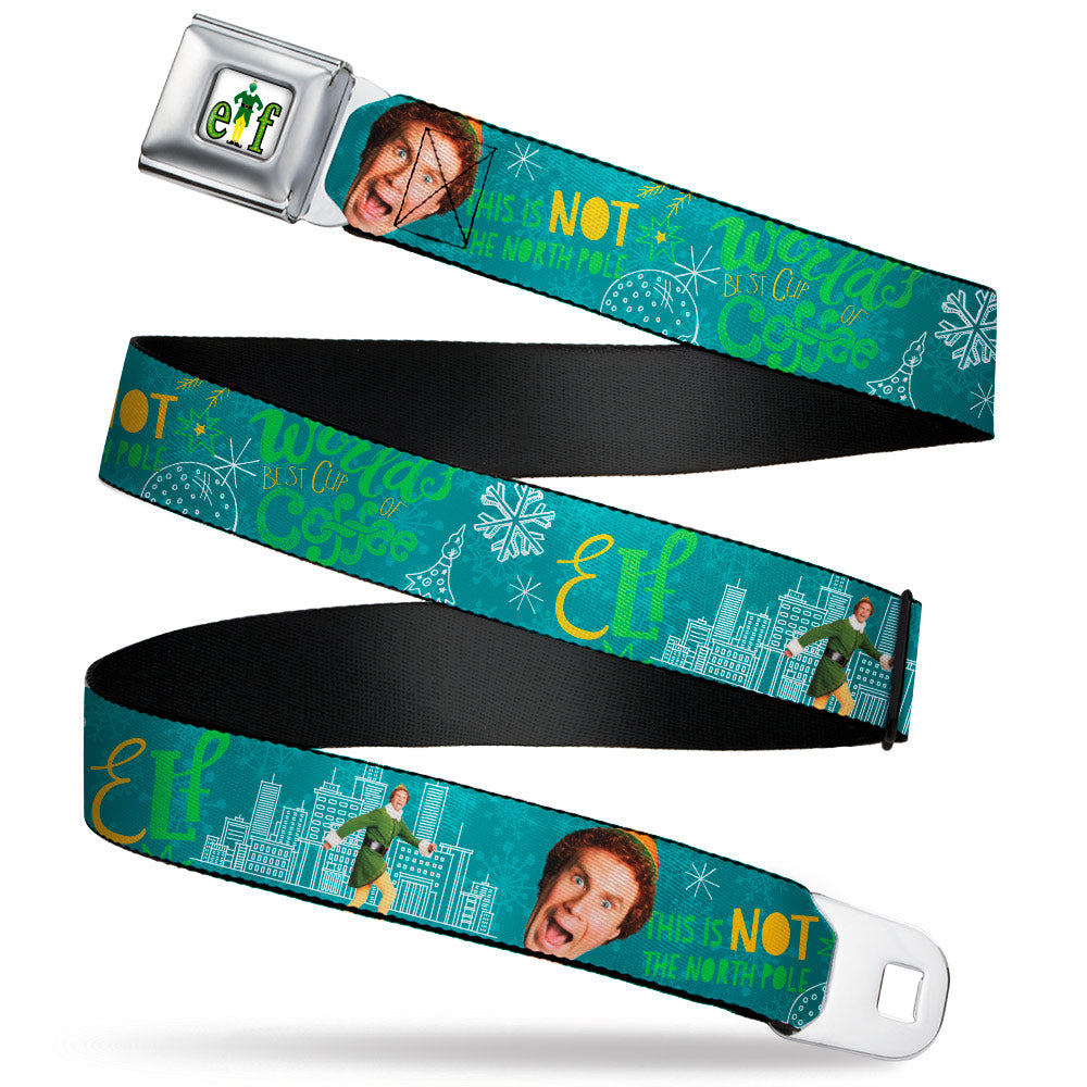 ELF Buddy the Elf Logo Full Color White/Greens/Yellow Seatbelt Belt - Elf Buddy the Elf Poses and Quotes Collage Blue/Green/White Webbing Seatbelt Belts Elf