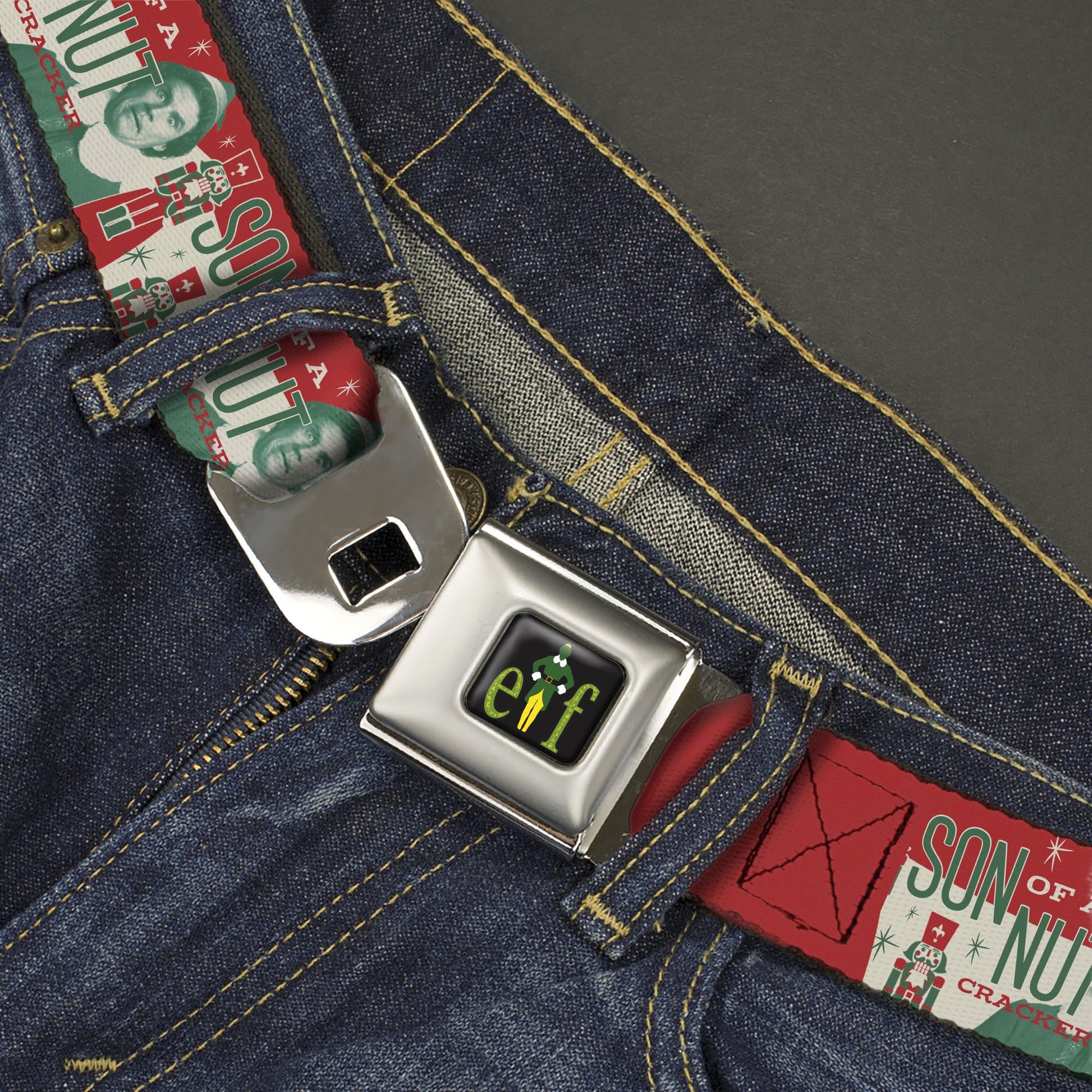 ELF Buddy Silhouette Title Logo Full Color Black/Greens Seatbelt Belt - Buddy the Elf SON OF A NUTCRACKER Pose Red/White/Green Webbing Seatbelt Belts Elf