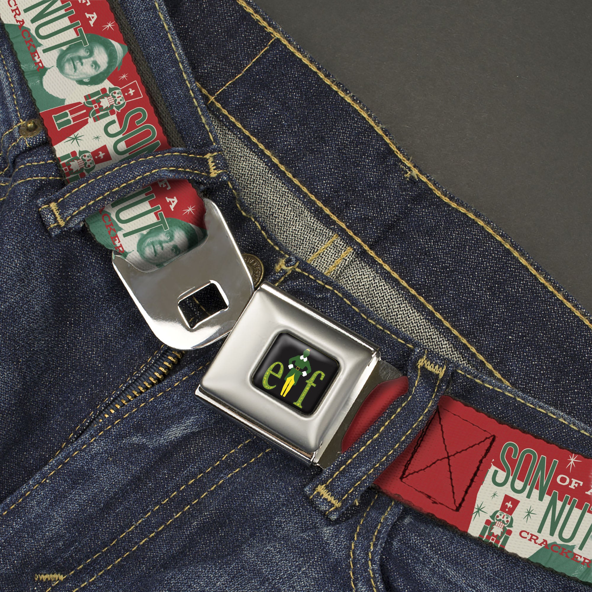 ELF Buddy Silhouette Title Logo Full Color Black/Greens Seatbelt Belt - Buddy the Elf SON OF A NUTCRACKER Pose Red/White/Green Webbing Seatbelt Belts Elf