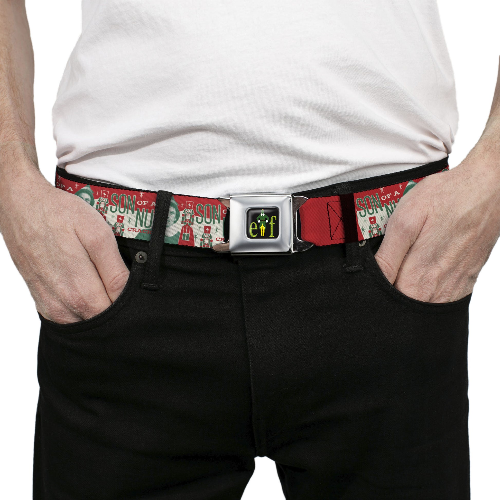 ELF Buddy Silhouette Title Logo Full Color Black/Greens Seatbelt Belt - Buddy the Elf SON OF A NUTCRACKER Pose Red/White/Green Webbing Seatbelt Belts Elf