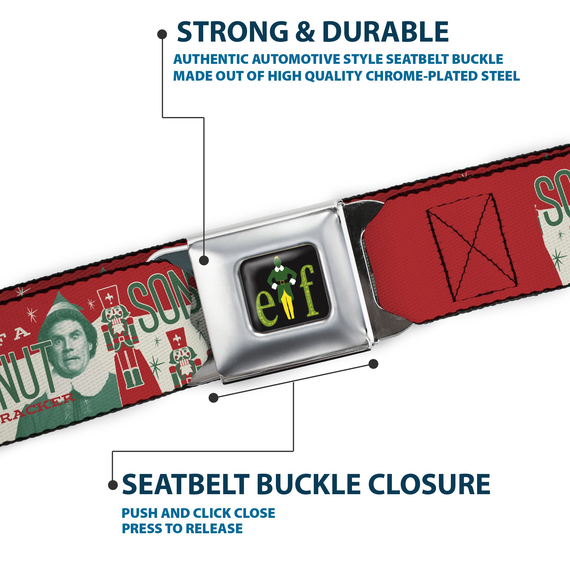 ELF Buddy Silhouette Title Logo Full Color Black/Greens Seatbelt Belt - Buddy the Elf SON OF A NUTCRACKER Pose Red/White/Green Webbing Seatbelt Belts Elf