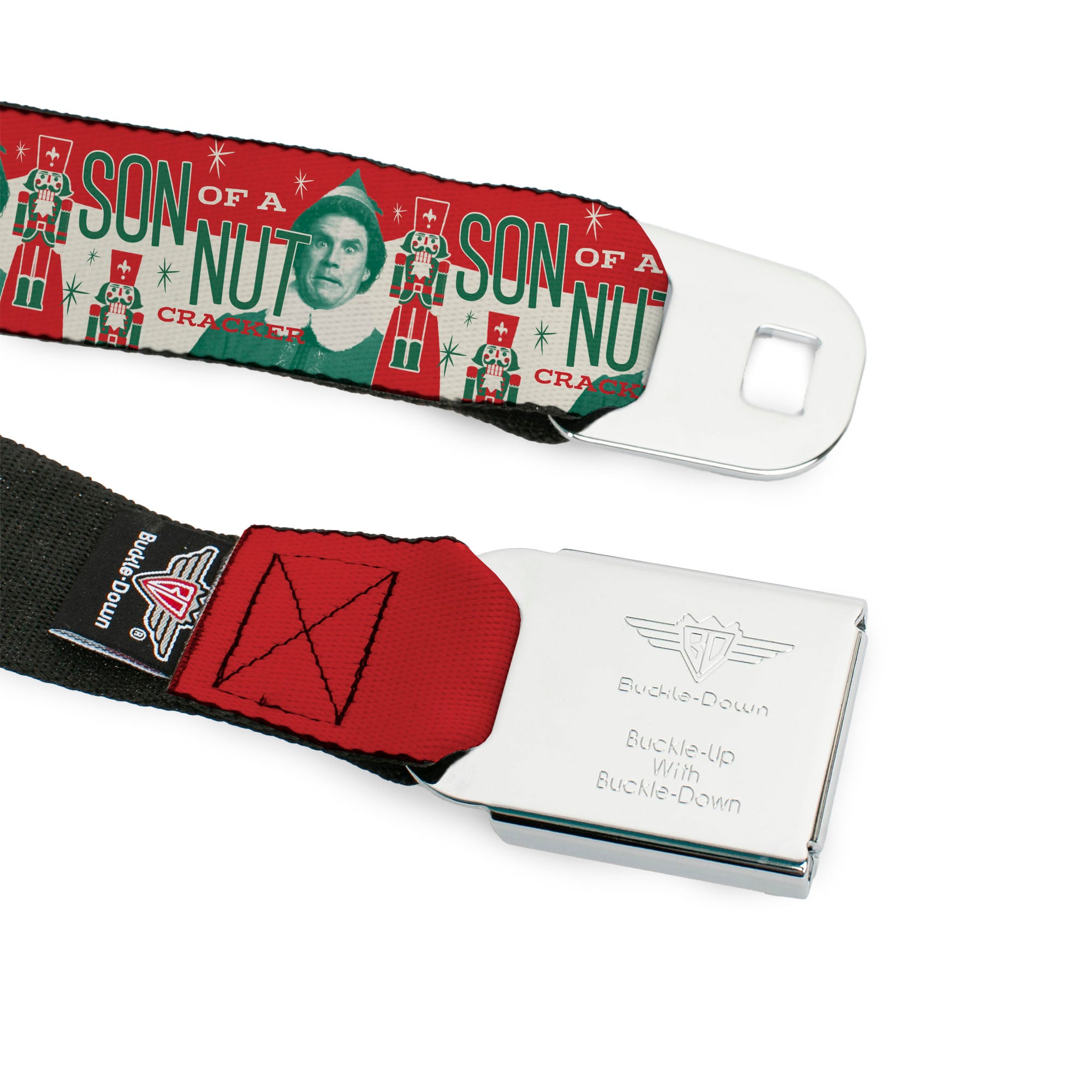 ELF Buddy Silhouette Title Logo Full Color Black/Greens Seatbelt Belt - Buddy the Elf SON OF A NUTCRACKER Pose Red/White/Green Webbing Seatbelt Belts Elf