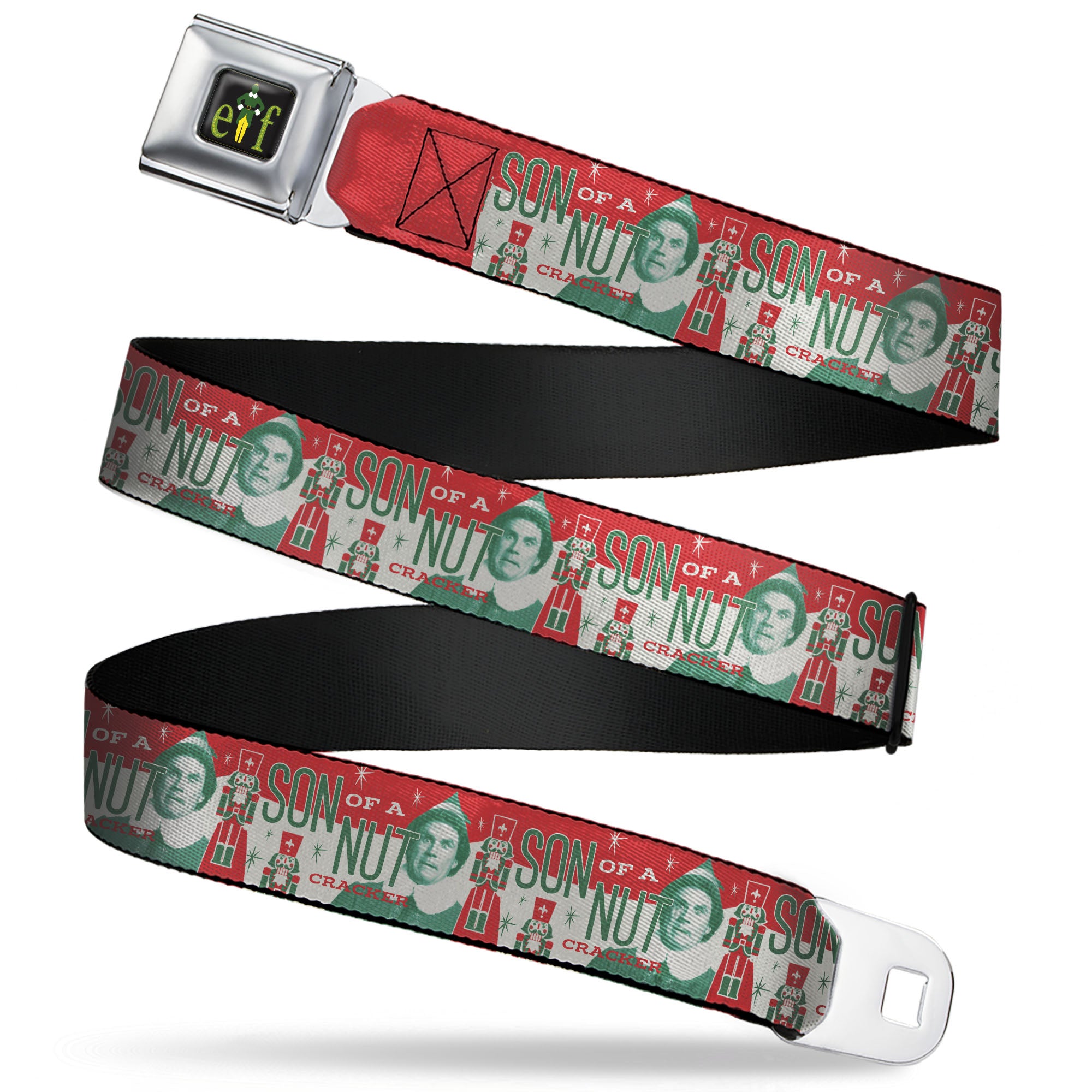 ELF Buddy Silhouette Title Logo Full Color Black/Greens Seatbelt Belt - Buddy the Elf SON OF A NUTCRACKER Pose Red/White/Green Webbing Seatbelt Belts Elf