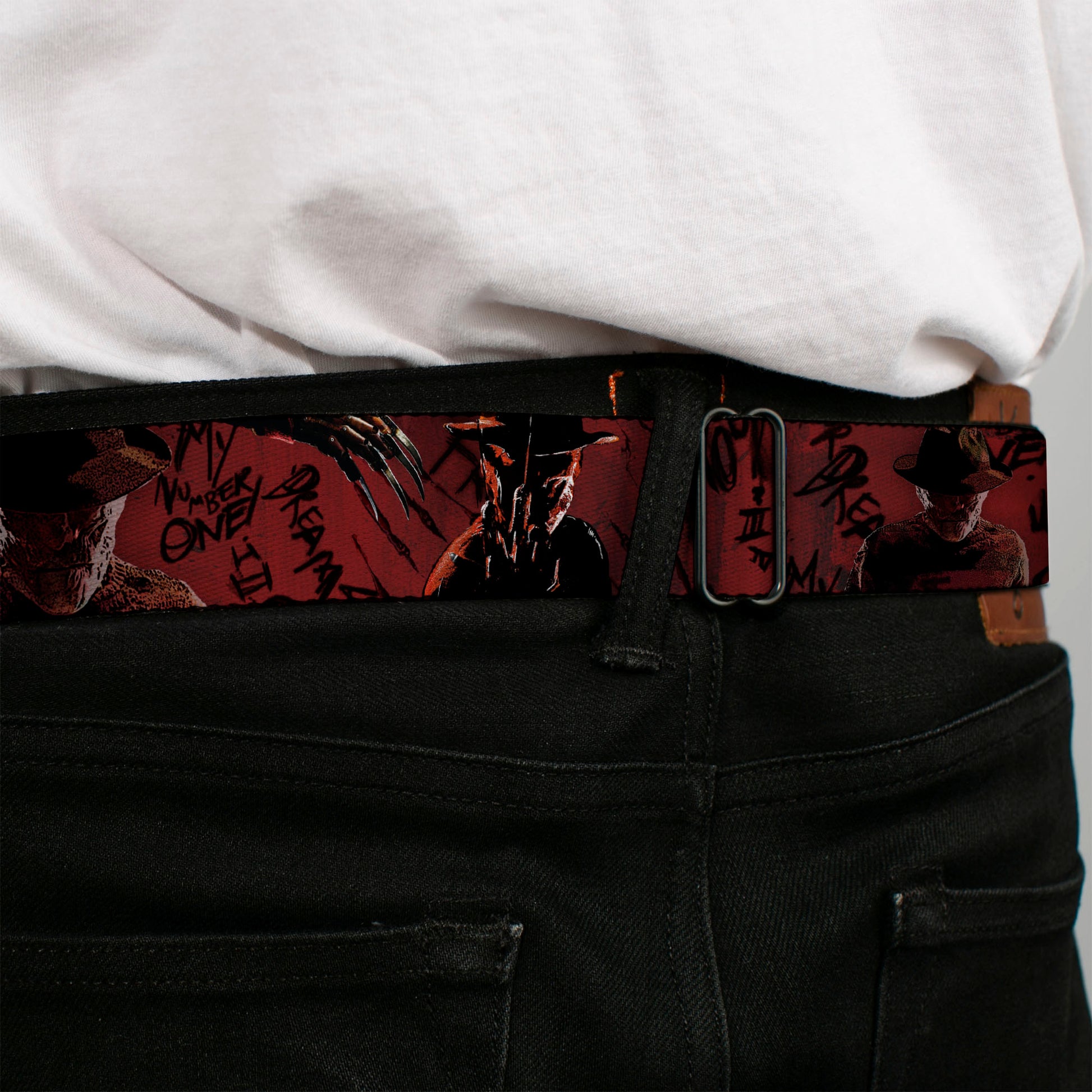 A NIGHTMARE ON ELM STREET Logo Full Color Black/Reds Seatbelt Belt - Freddy 4-Poses/Quote Scrawls/Hand Scratching Reds/Black Webbing Seatbelt Belts A Nightmare on Elm Street
