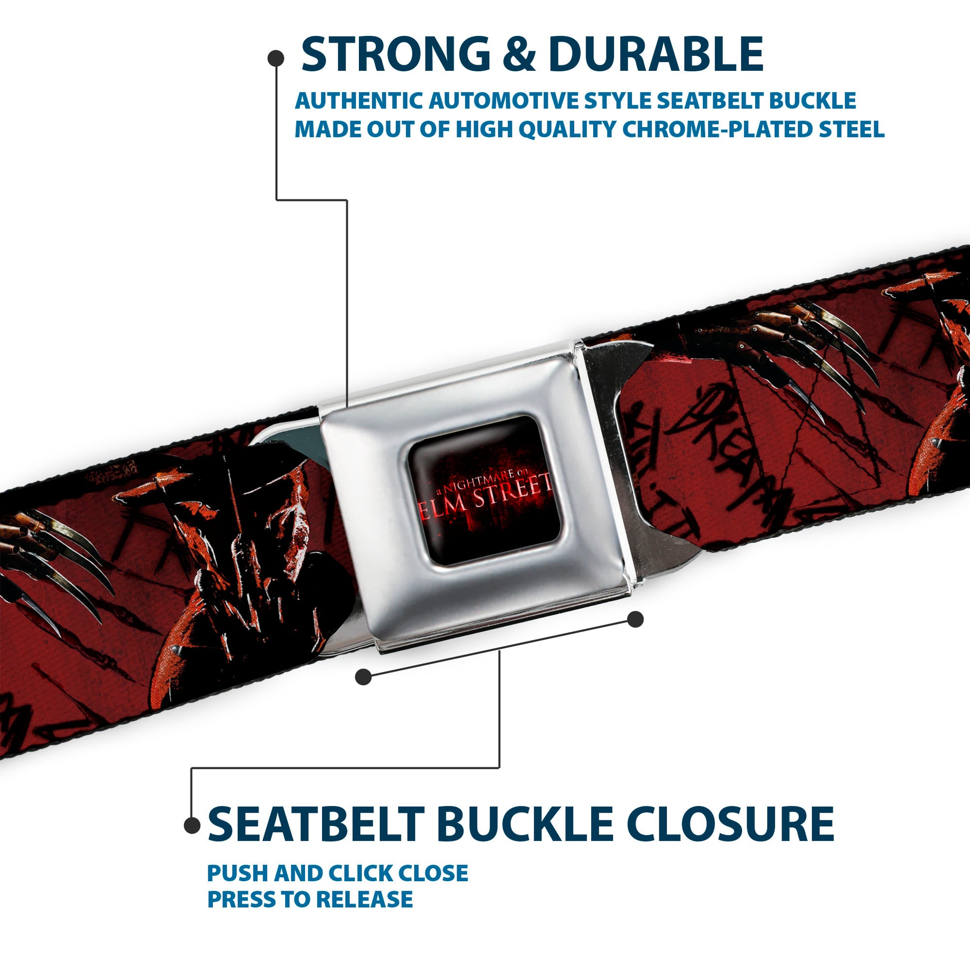 A NIGHTMARE ON ELM STREET Logo Full Color Black/Reds Seatbelt Belt - Freddy 4-Poses/Quote Scrawls/Hand Scratching Reds/Black Webbing Seatbelt Belts A Nightmare on Elm Street