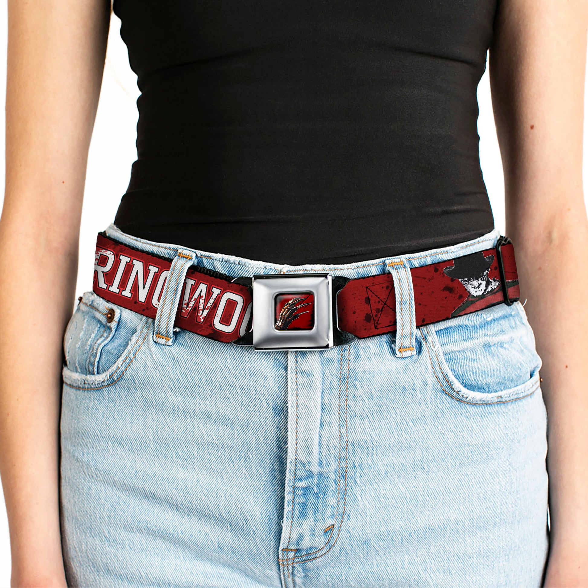 Freddy's Blade Hand Full Color Black/Blood Splatter Seatbelt Belt - A NIGHTMARE ON ELM STREET/SPRINGWOOD Freddy Pose Black/Red/White Webbing Seatbelt Belts A Nightmare on Elm Street