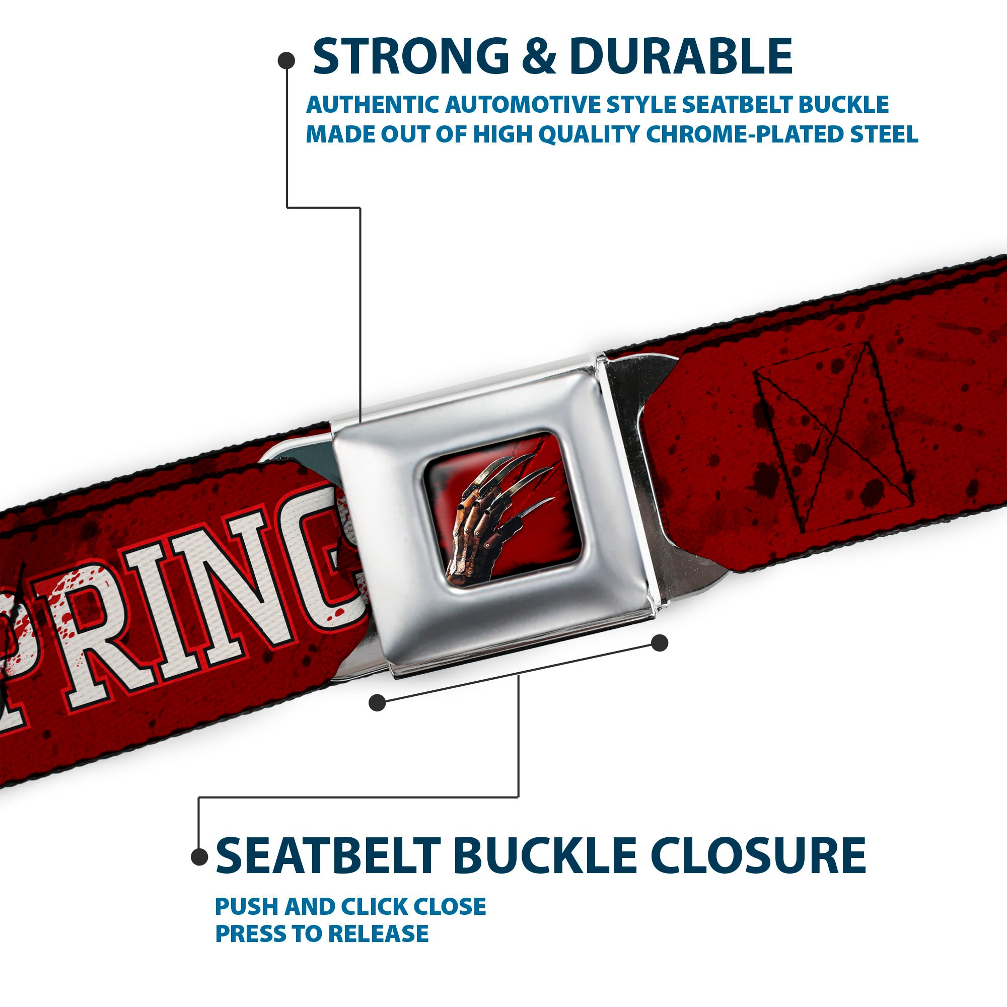 Freddy's Blade Hand Full Color Black/Blood Splatter Seatbelt Belt - A NIGHTMARE ON ELM STREET/SPRINGWOOD Freddy Pose Black/Red/White Webbing Seatbelt Belts A Nightmare on Elm Street