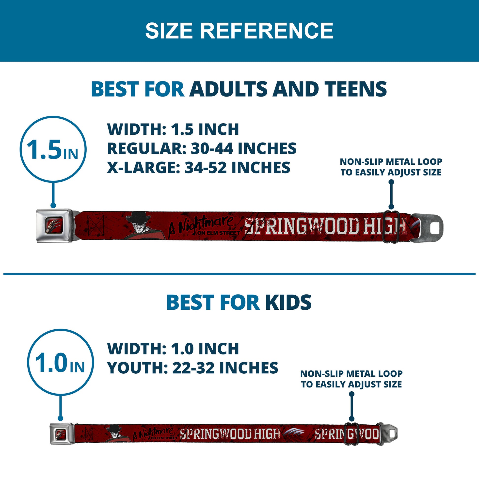 Freddy's Blade Hand Full Color Black/Blood Splatter Seatbelt Belt - A NIGHTMARE ON ELM STREET/SPRINGWOOD Freddy Pose Black/Red/White Webbing Seatbelt Belts A Nightmare on Elm Street