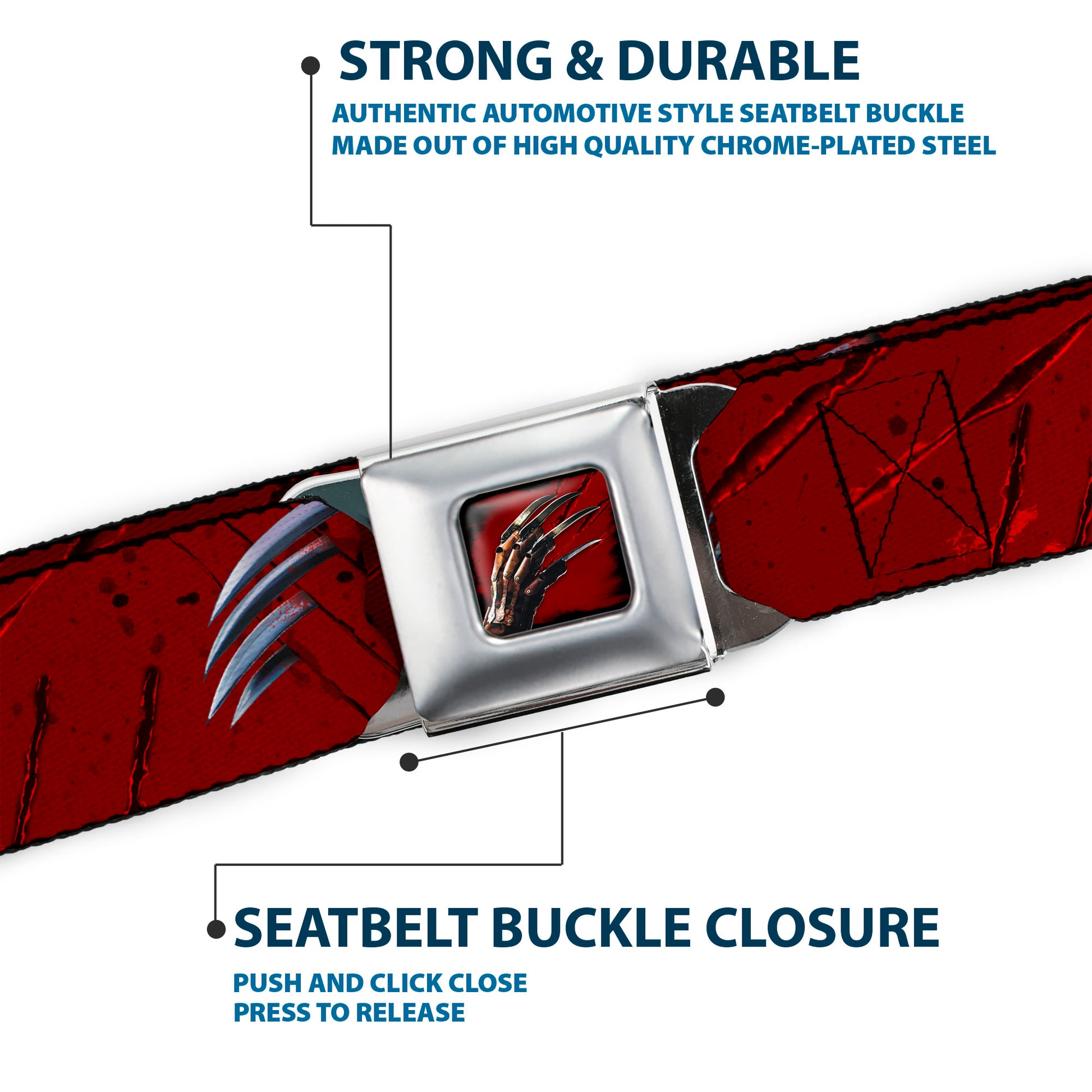 Freddy Krueger Blade Hand Full Color Black/Blood Splatter Seatbelt Belt - A NIGHTMARE ON ELM STREET/Freddy's Hand Scratching Reds/Black/Gray Webbing Seatbelt Belts A Nightmare on Elm Street