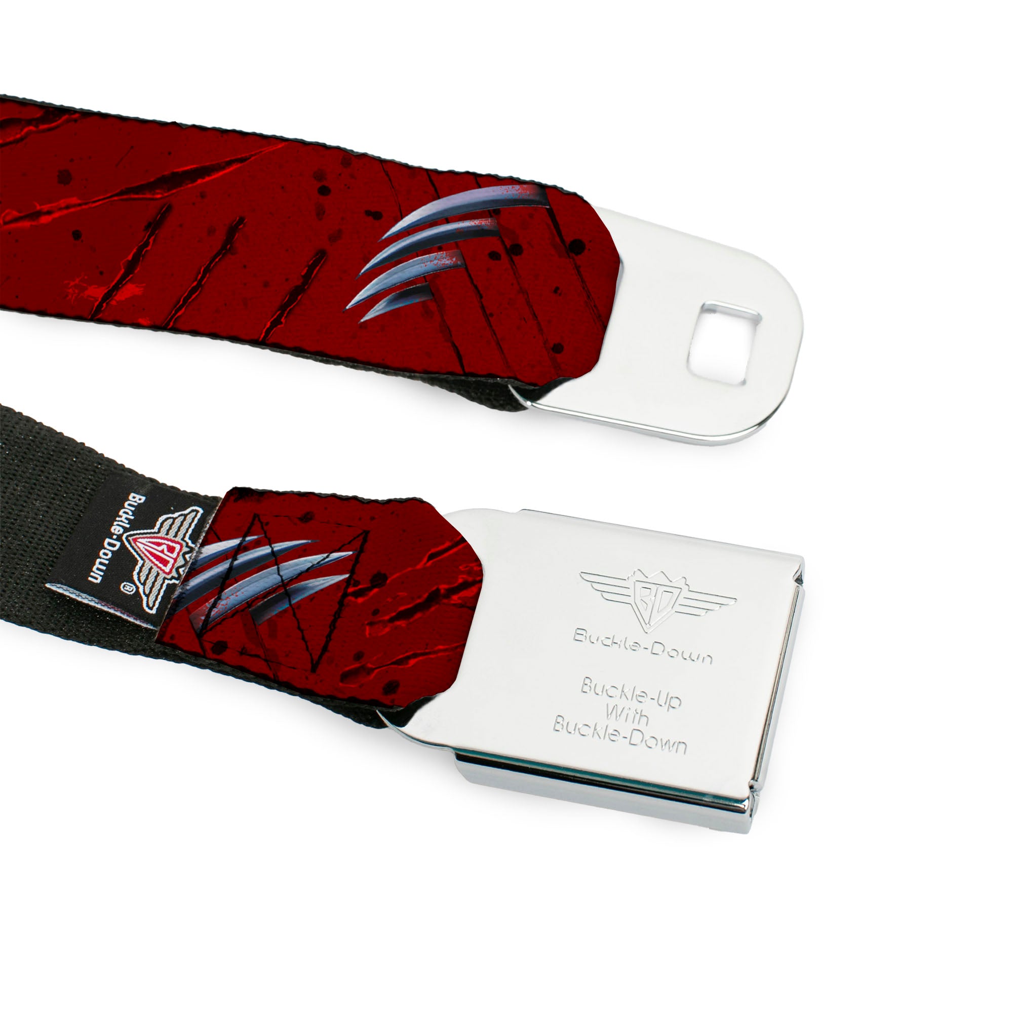 Freddy Krueger Blade Hand Full Color Black/Blood Splatter Seatbelt Belt - A NIGHTMARE ON ELM STREET/Freddy's Hand Scratching Reds/Black/Gray Webbing Seatbelt Belts A Nightmare on Elm Street