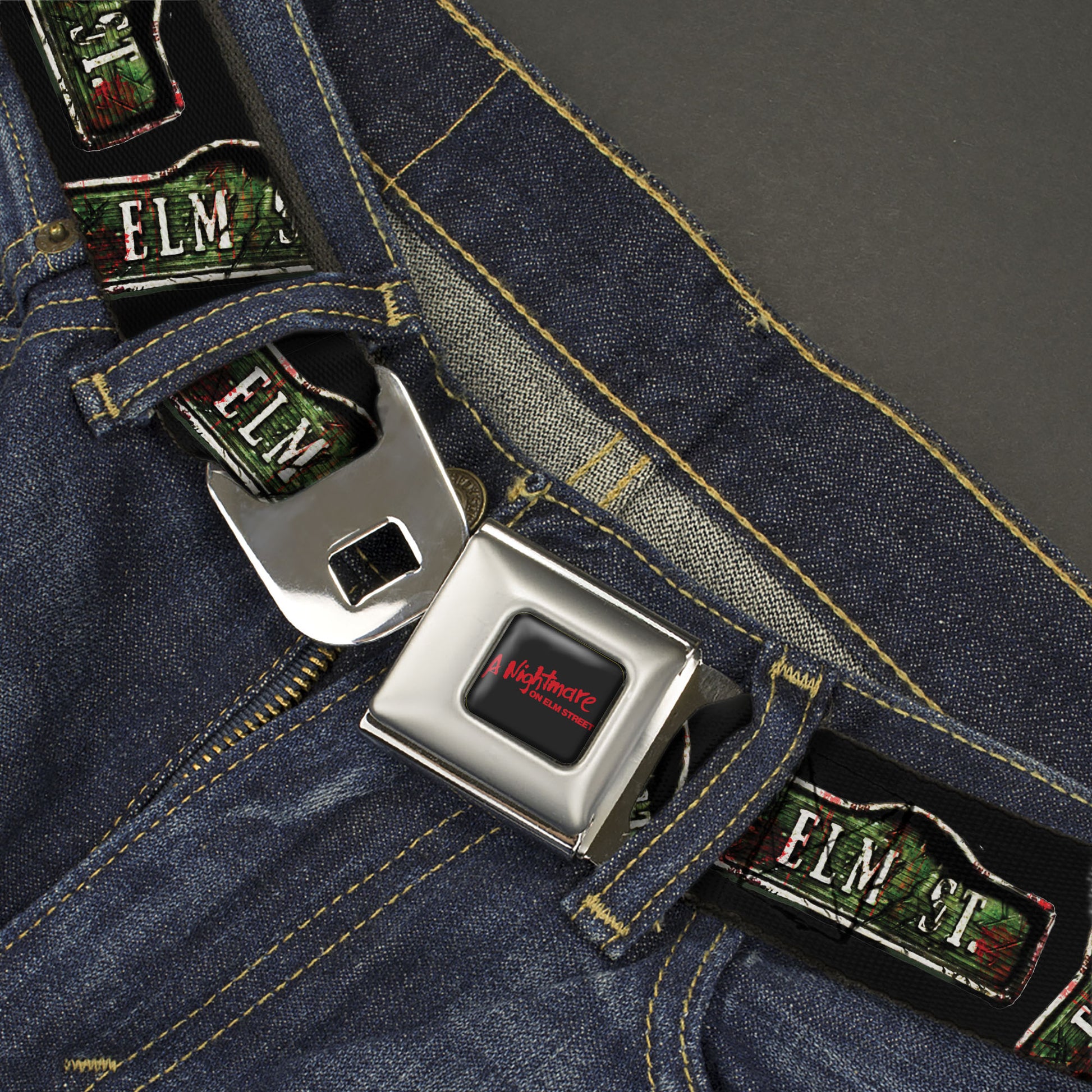 A NIGHTMARE ON ELM STREET Title Logo Full Color Black/Red Seatbelt Belt - ELM ST. Street Sign Scattered Black Webbing Seatbelt Belts A Nightmare on Elm Street