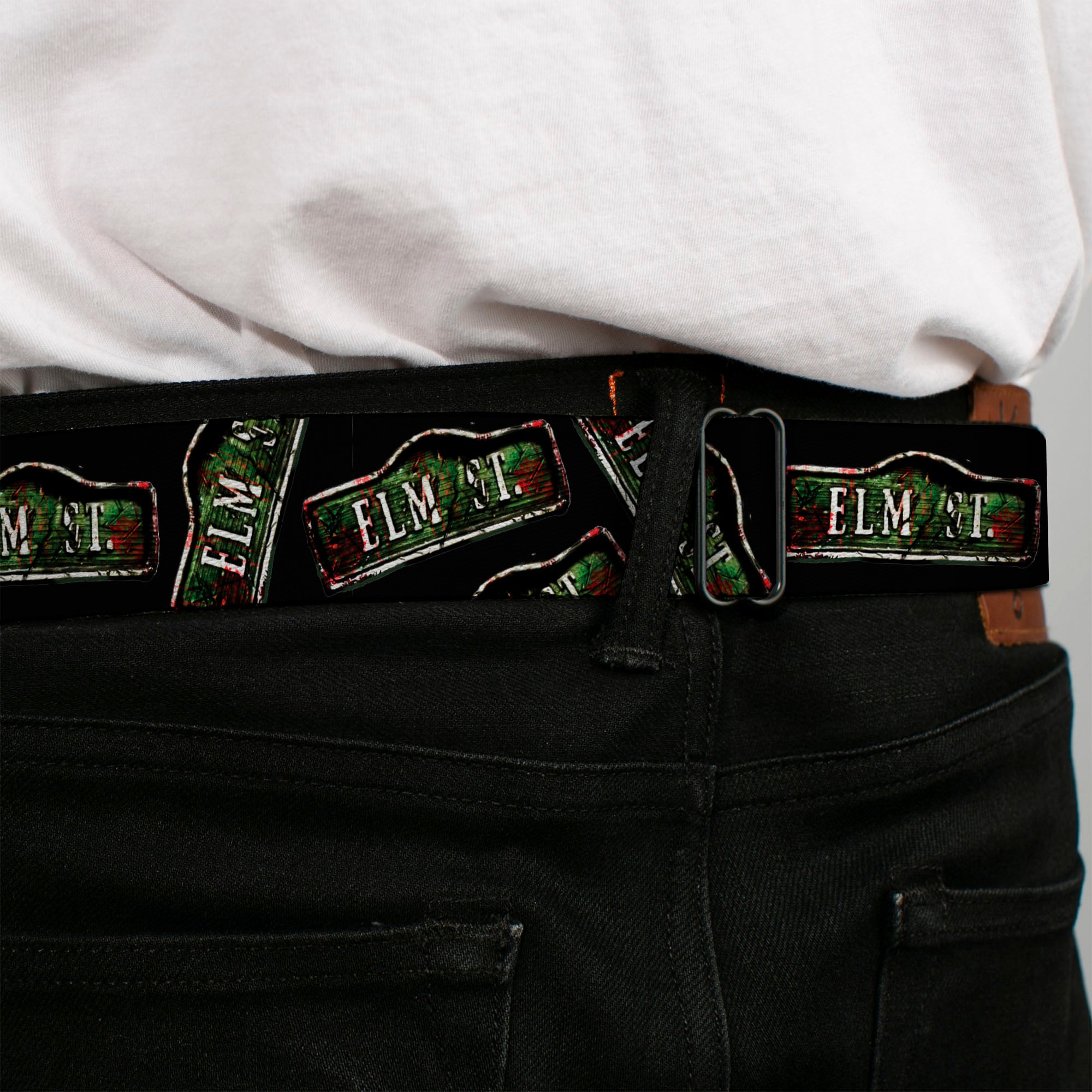 A NIGHTMARE ON ELM STREET Title Logo Full Color Black/Red Seatbelt Belt - ELM ST. Street Sign Scattered Black Webbing Seatbelt Belts A Nightmare on Elm Street