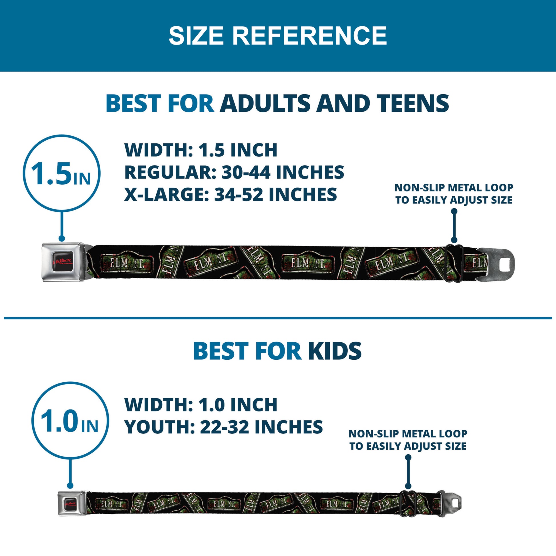 A NIGHTMARE ON ELM STREET Title Logo Full Color Black/Red Seatbelt Belt - ELM ST. Street Sign Scattered Black Webbing Seatbelt Belts A Nightmare on Elm Street