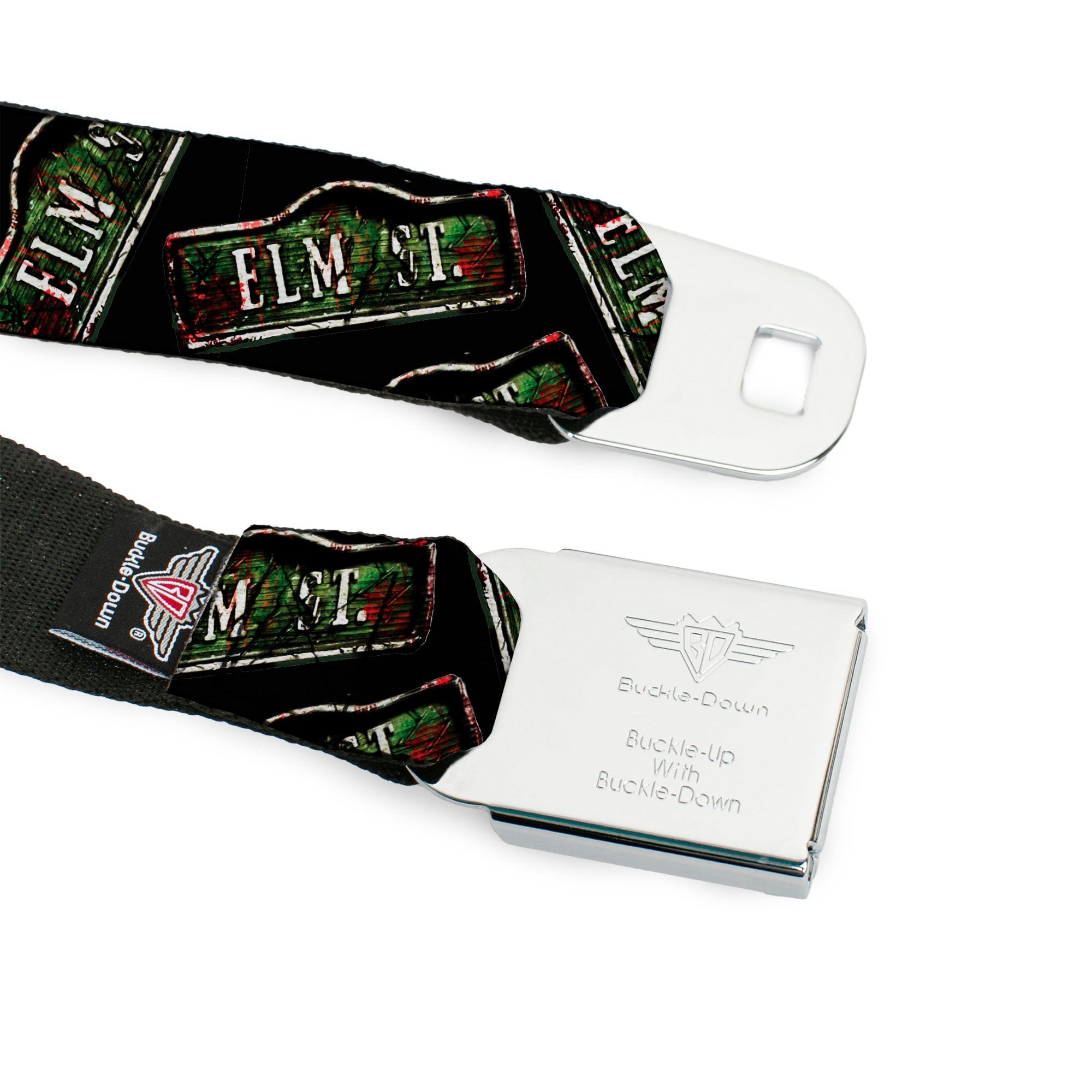A NIGHTMARE ON ELM STREET Title Logo Full Color Black/Red Seatbelt Belt - ELM ST. Street Sign Scattered Black Webbing Seatbelt Belts A Nightmare on Elm Street