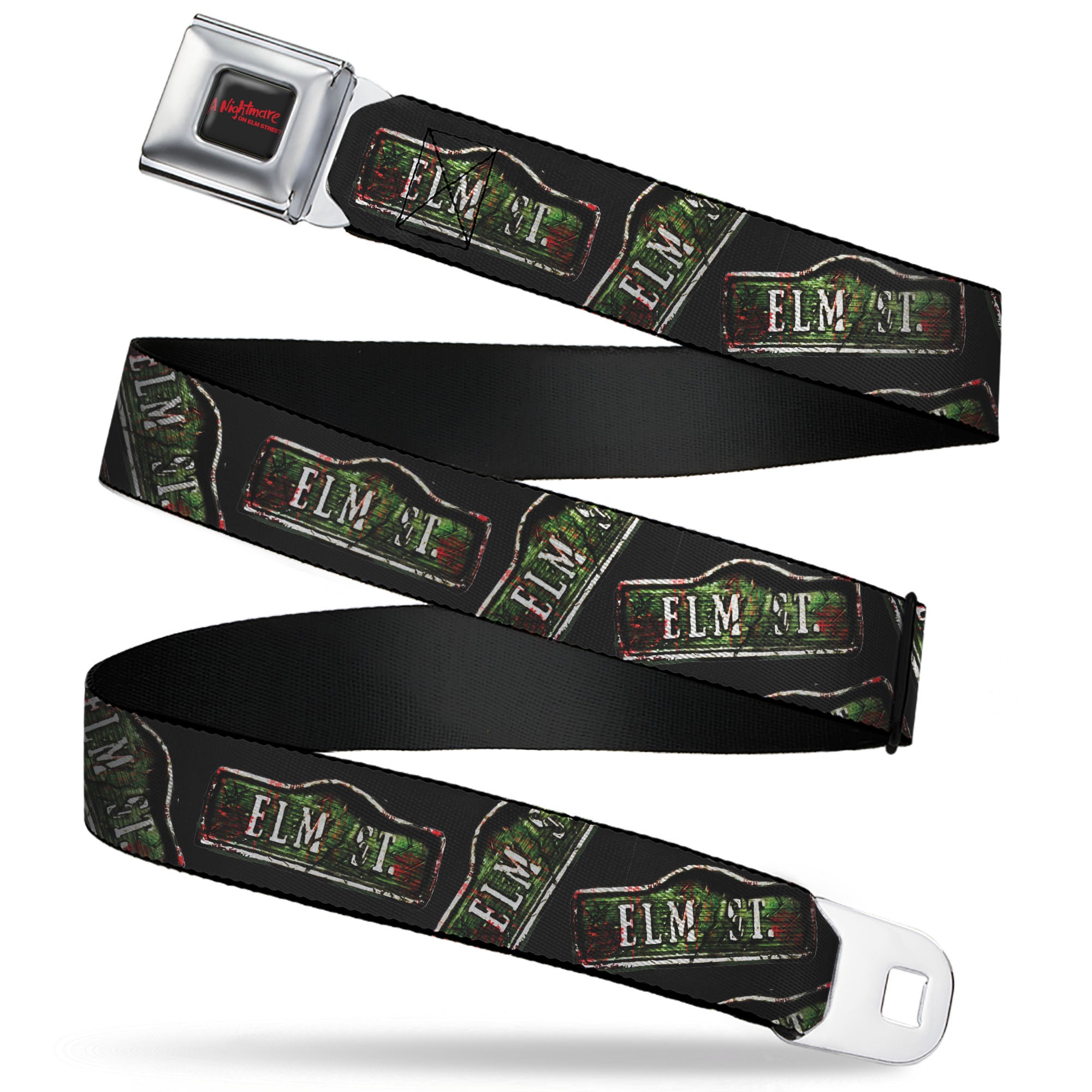 A NIGHTMARE ON ELM STREET Title Logo Full Color Black/Red Seatbelt Belt - ELM ST. Street Sign Scattered Black Webbing Seatbelt Belts A Nightmare on Elm Street
