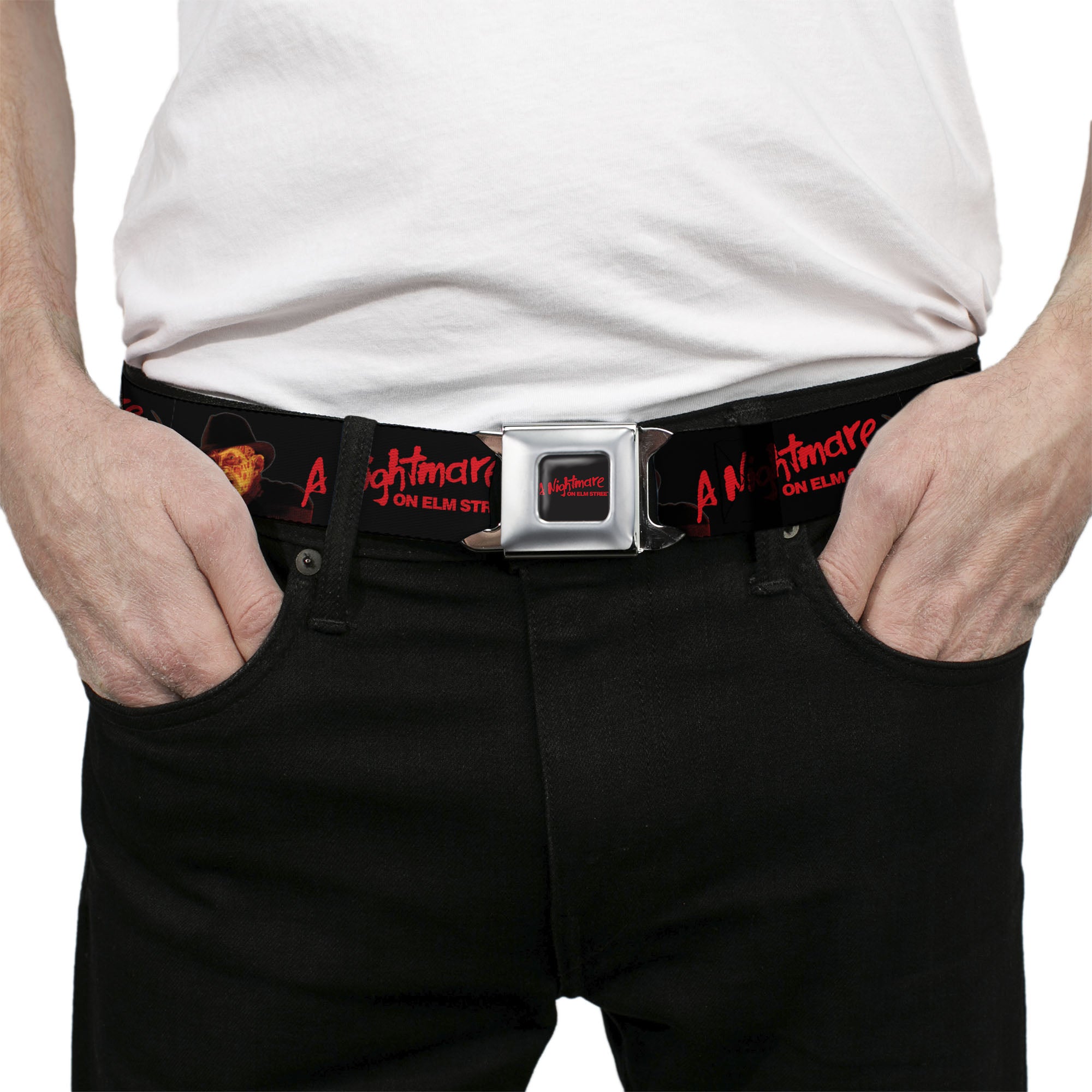 A NIGHTMARE ON ELM STREET Title Logo Full Color Black/Red Seatbelt Belt - A NIGHTMARE ON ELM STREET Freddy Krueger Blade Glove Pose Black/Red Webbing Seatbelt Belts A Nightmare on Elm Street