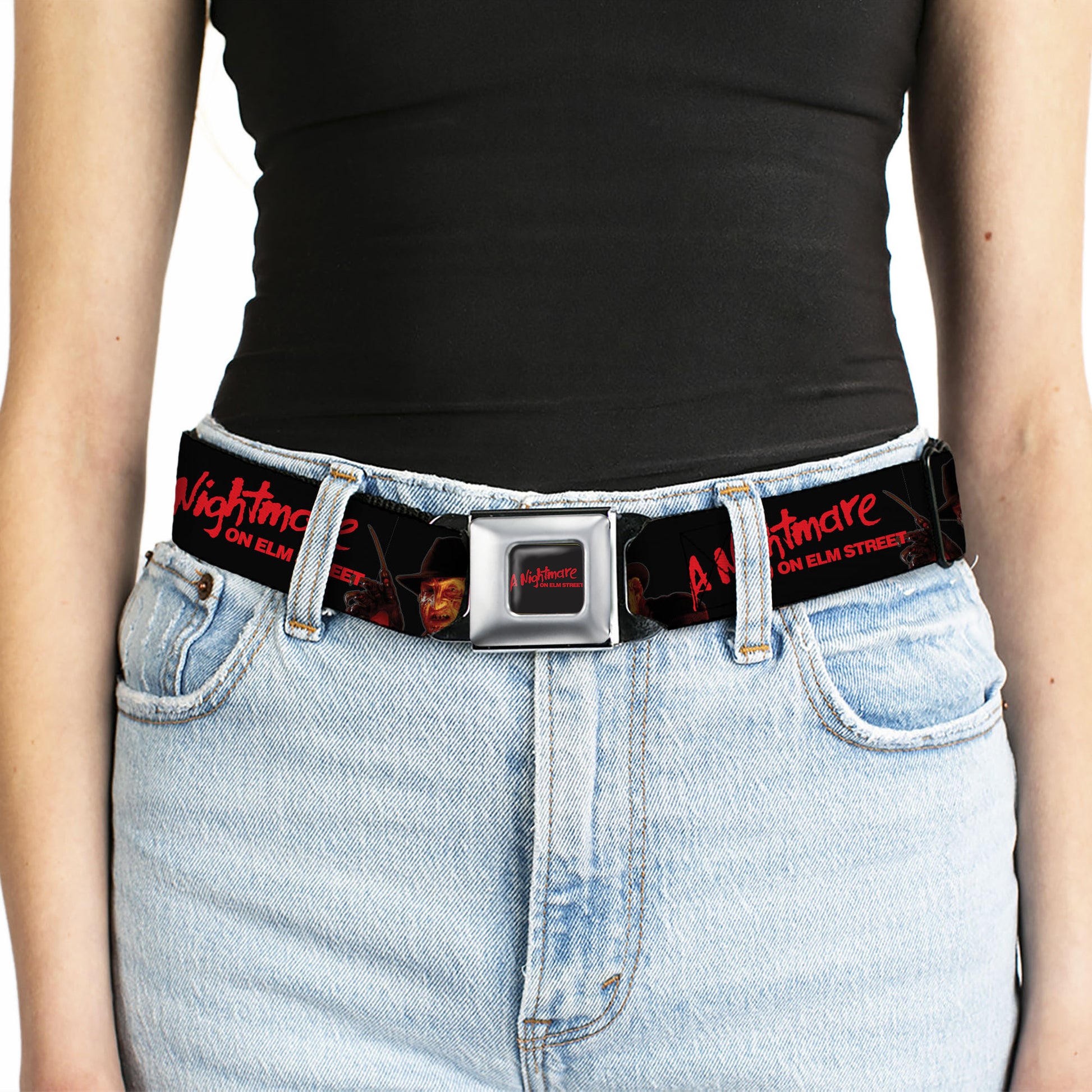 A NIGHTMARE ON ELM STREET Title Logo Full Color Black/Red Seatbelt Belt - A NIGHTMARE ON ELM STREET Freddy Krueger Blade Glove Pose Black/Red Webbing Seatbelt Belts A Nightmare on Elm Street