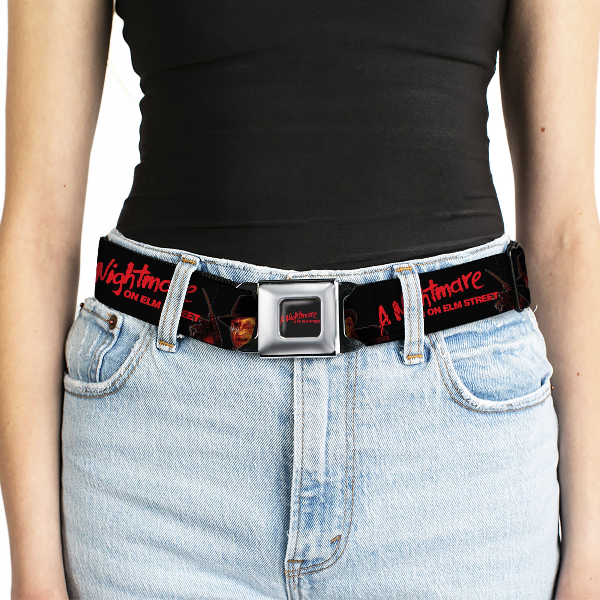 A NIGHTMARE ON ELM STREET Title Logo Full Color Black/Red Seatbelt Belt - A NIGHTMARE ON ELM STREET Freddy Krueger Blade Glove Pose Black/Red Webbing Seatbelt Belts A Nightmare on Elm Street