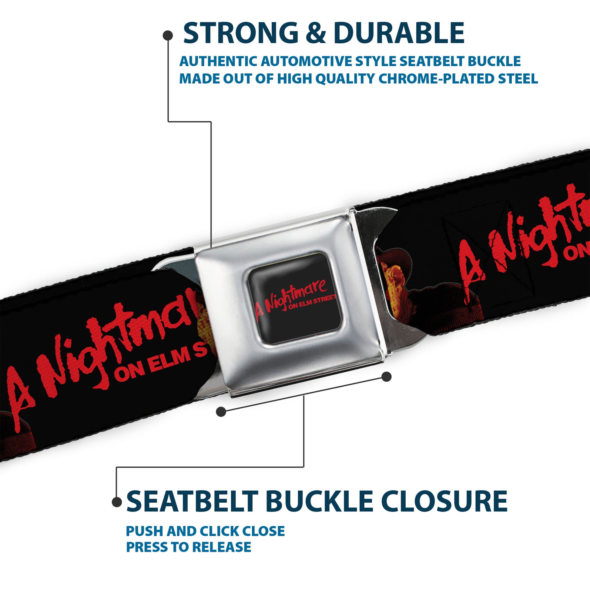 A NIGHTMARE ON ELM STREET Title Logo Full Color Black/Red Seatbelt Belt - A NIGHTMARE ON ELM STREET Freddy Krueger Blade Glove Pose Black/Red Webbing Seatbelt Belts A Nightmare on Elm Street