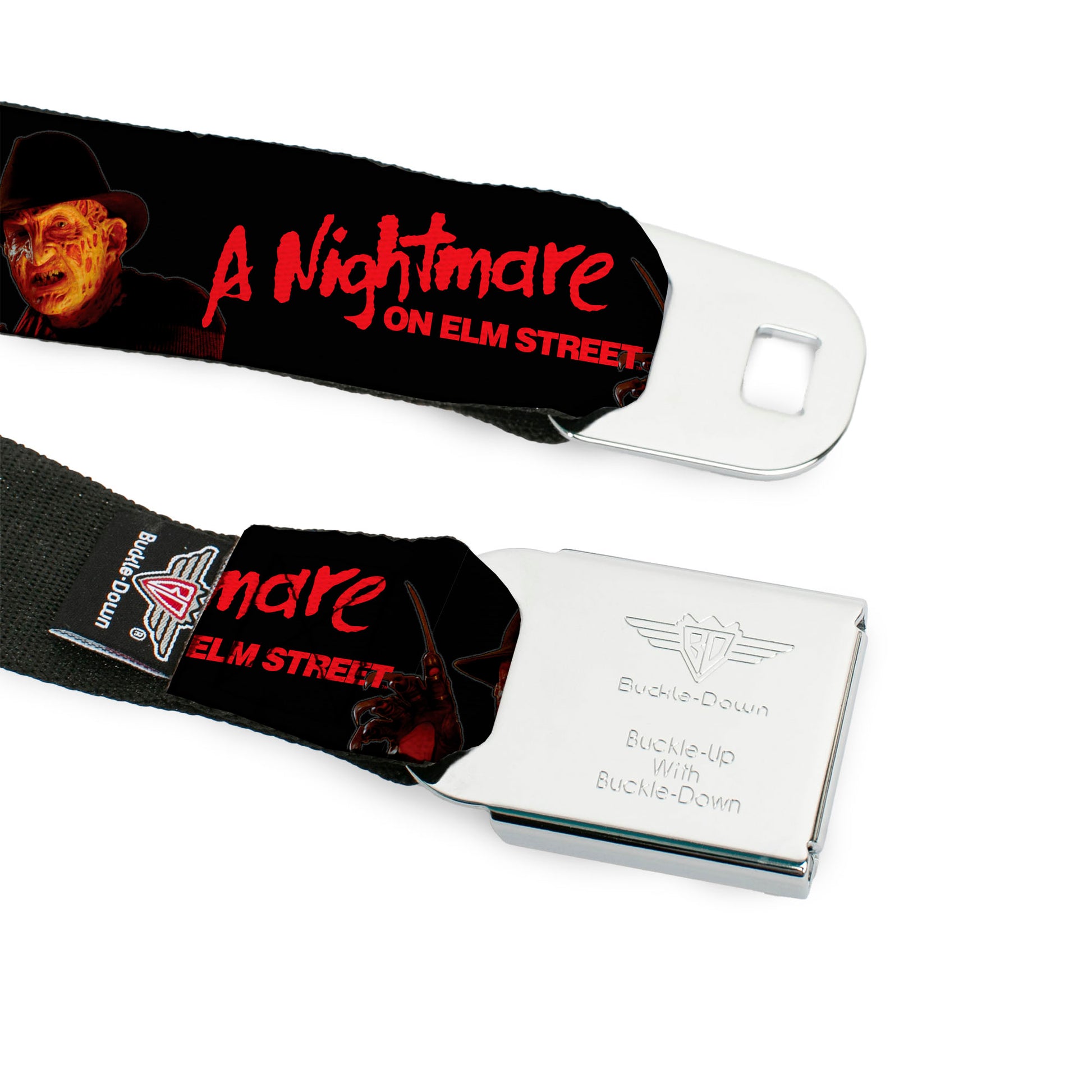 A NIGHTMARE ON ELM STREET Title Logo Full Color Black/Red Seatbelt Belt - A NIGHTMARE ON ELM STREET Freddy Krueger Blade Glove Pose Black/Red Webbing Seatbelt Belts A Nightmare on Elm Street