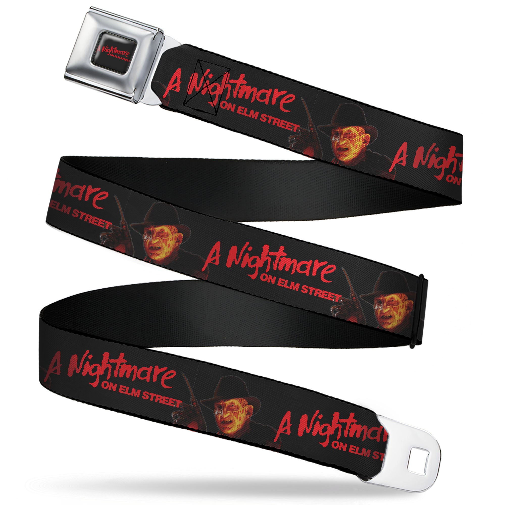 A NIGHTMARE ON ELM STREET Title Logo Full Color Black/Red Seatbelt Belt - A NIGHTMARE ON ELM STREET Freddy Krueger Blade Glove Pose Black/Red Webbing Seatbelt Belts A Nightmare on Elm Street