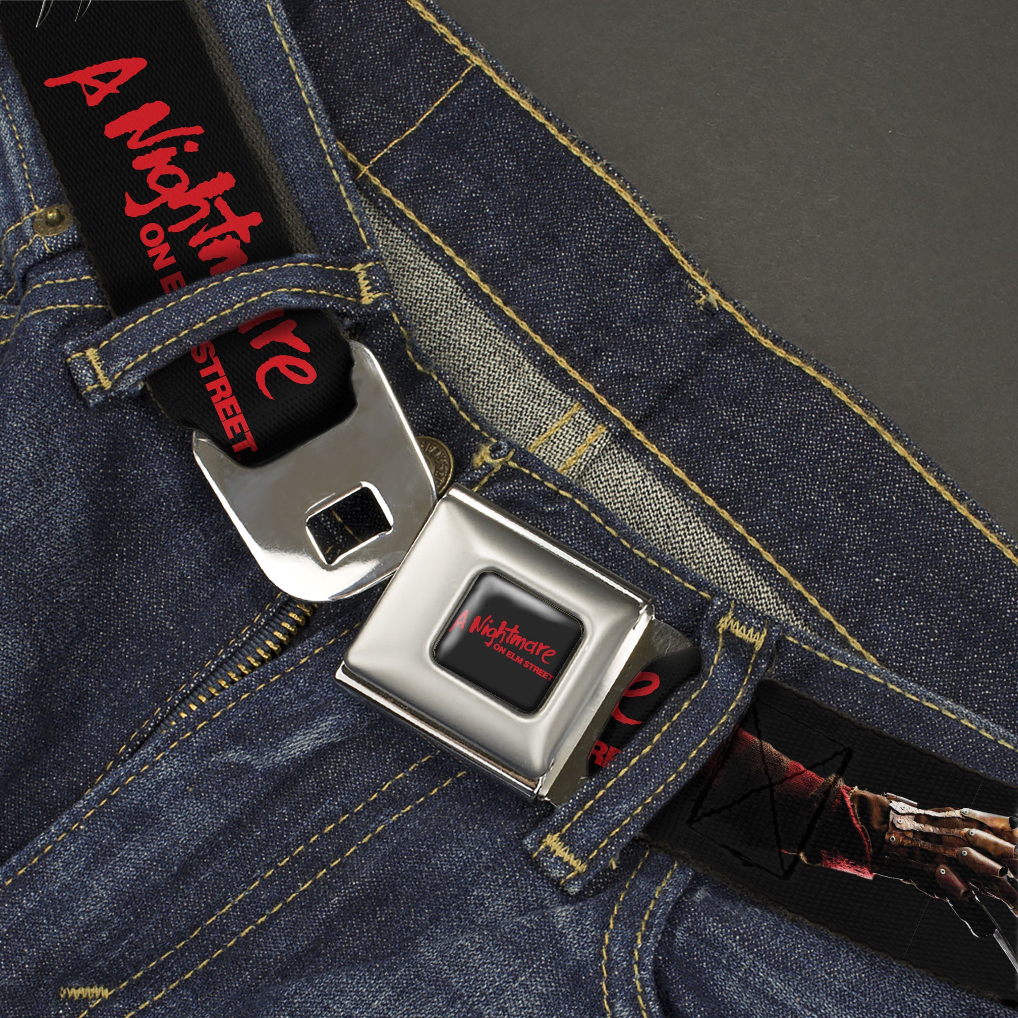 A NIGHTMARE ON ELM STREET Title Logo Full Color Black/Red Seatbelt Belt - A NIGHTMARE ON ELM STREET Freddy's Blade Glove and Title Logo Black/Red Webbing Seatbelt Belts A Nightmare on Elm Street