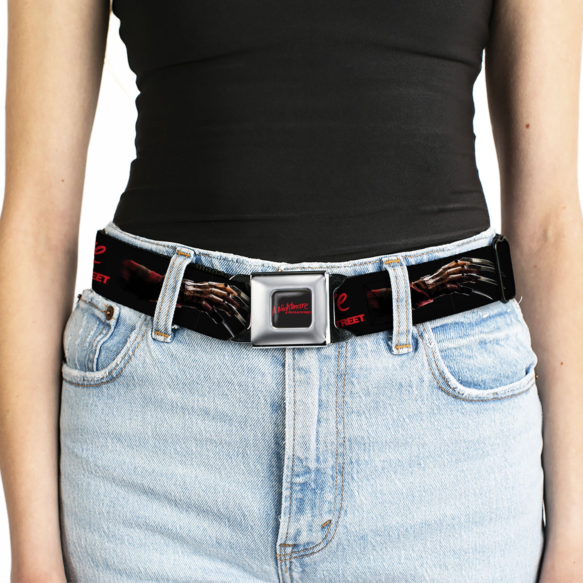 A NIGHTMARE ON ELM STREET Title Logo Full Color Black/Red Seatbelt Belt - A NIGHTMARE ON ELM STREET Freddy's Blade Glove and Title Logo Black/Red Webbing Seatbelt Belts A Nightmare on Elm Street