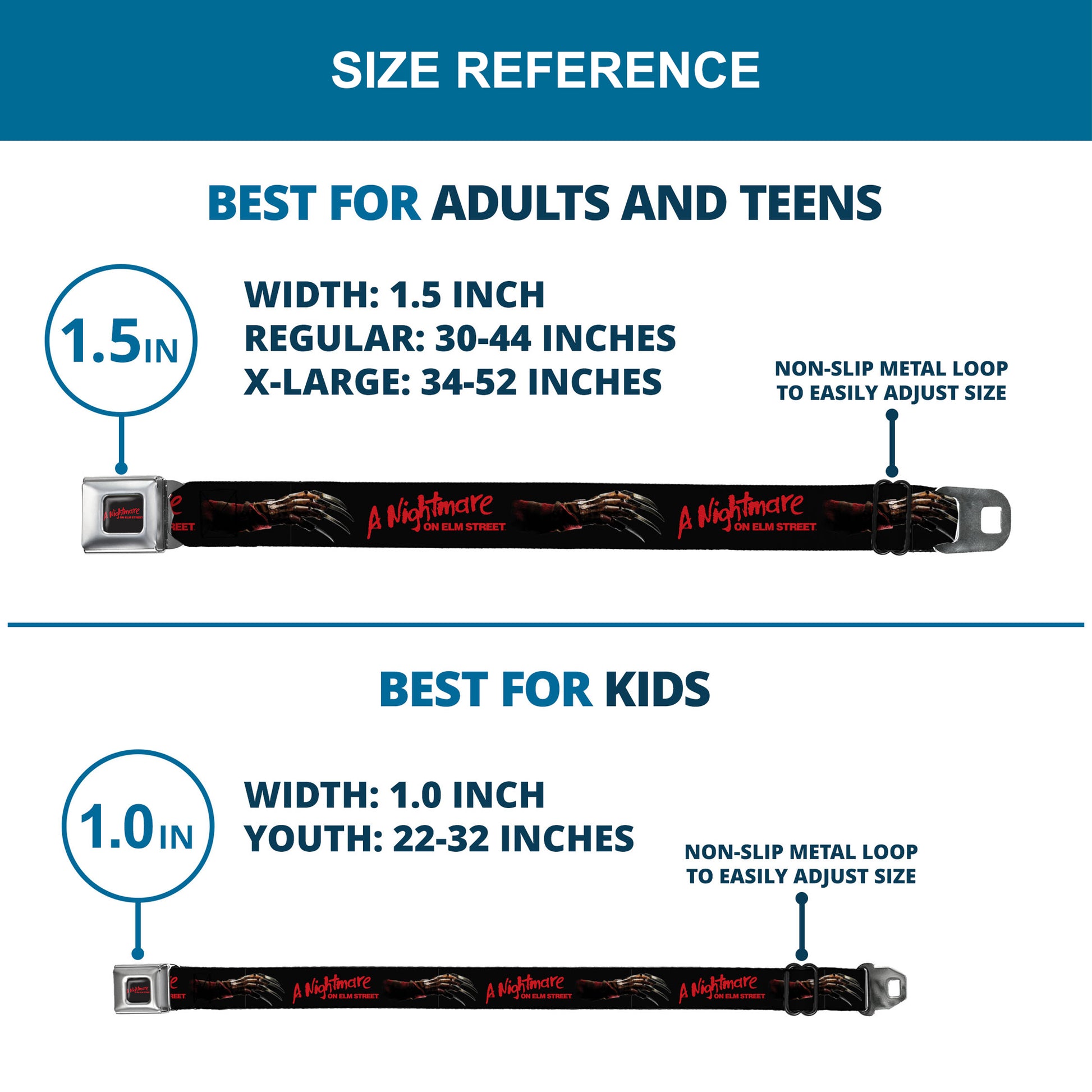 A NIGHTMARE ON ELM STREET Title Logo Full Color Black/Red Seatbelt Belt - A NIGHTMARE ON ELM STREET Freddy's Blade Glove and Title Logo Black/Red Webbing Seatbelt Belts A Nightmare on Elm Street