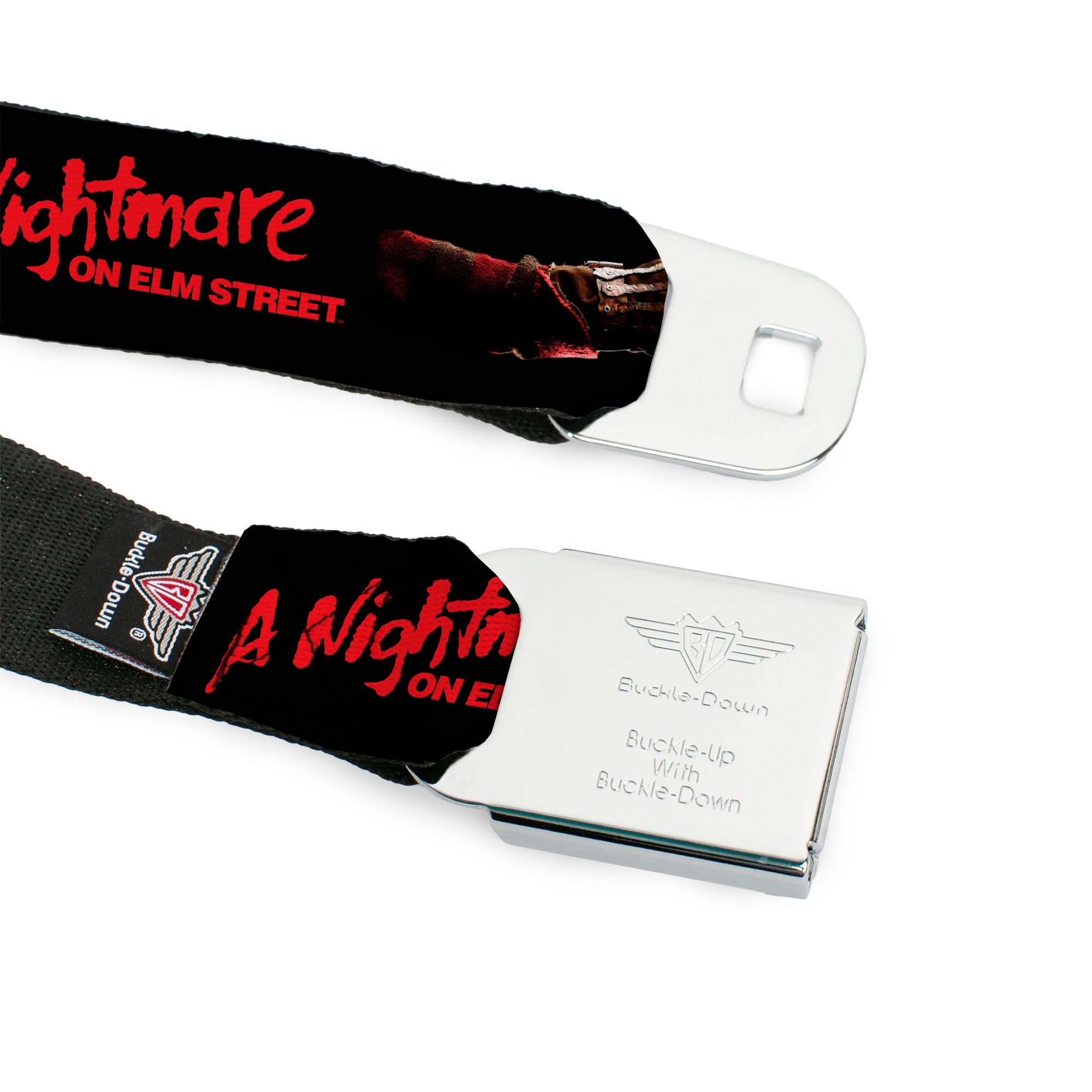 A NIGHTMARE ON ELM STREET Title Logo Full Color Black/Red Seatbelt Belt - A NIGHTMARE ON ELM STREET Freddy's Blade Glove and Title Logo Black/Red Webbing Seatbelt Belts A Nightmare on Elm Street
