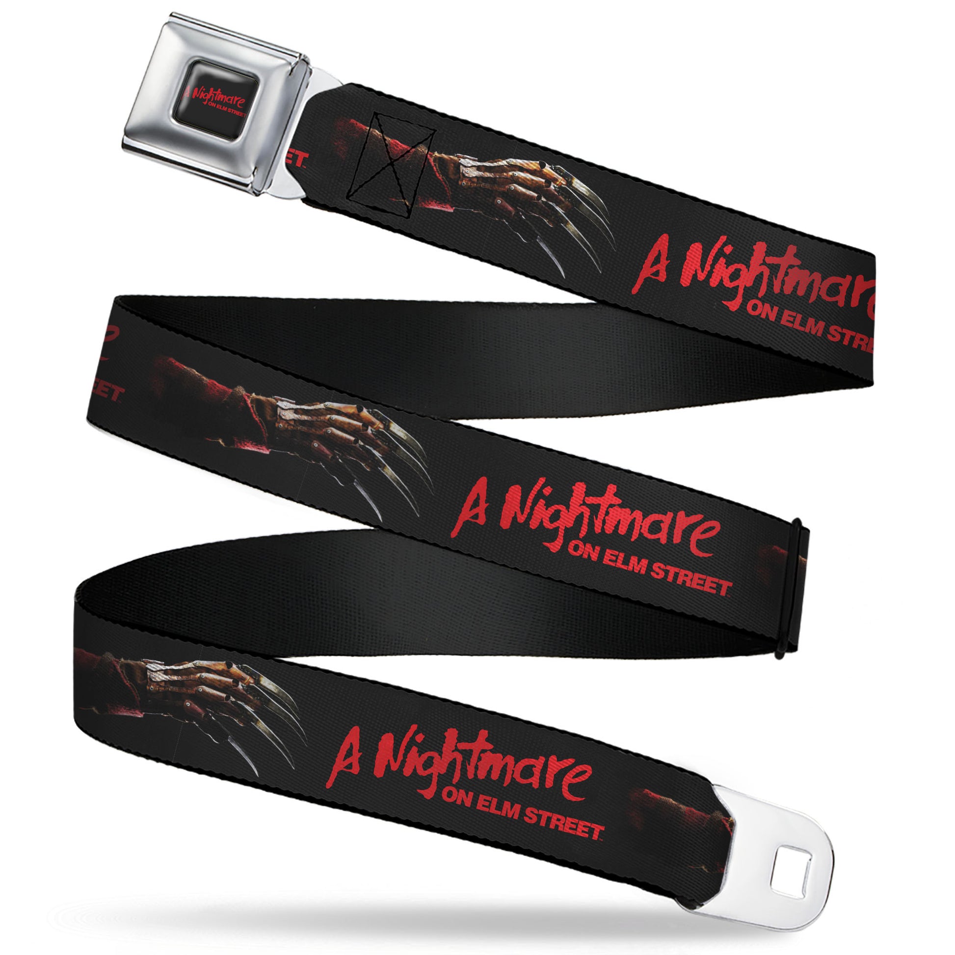 A NIGHTMARE ON ELM STREET Title Logo Full Color Black/Red Seatbelt Belt - A NIGHTMARE ON ELM STREET Freddy's Blade Glove and Title Logo Black/Red Webbing Seatbelt Belts A Nightmare on Elm Street