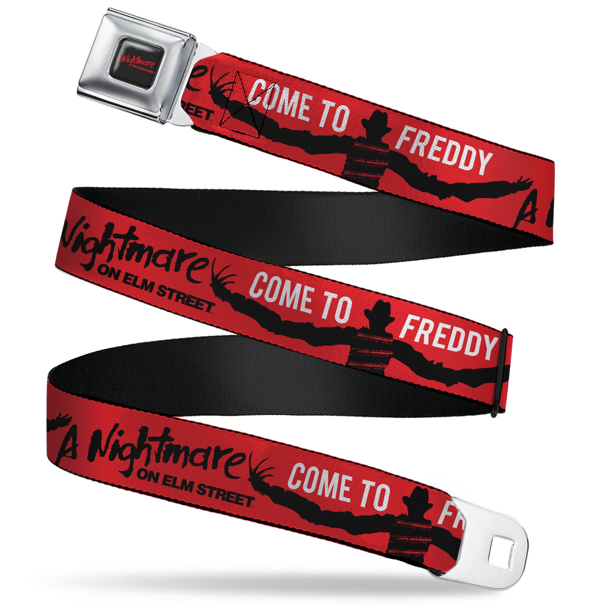 A NIGHTMARE ON ELM STREET Title Logo Full Color Black/Red Seatbelt Belt - A NIGHTMARE ON ELM ST COME TO FREDDY Long Arms Silhouette Red/Black Webbing Seatbelt Belts A Nightmare on Elm Street