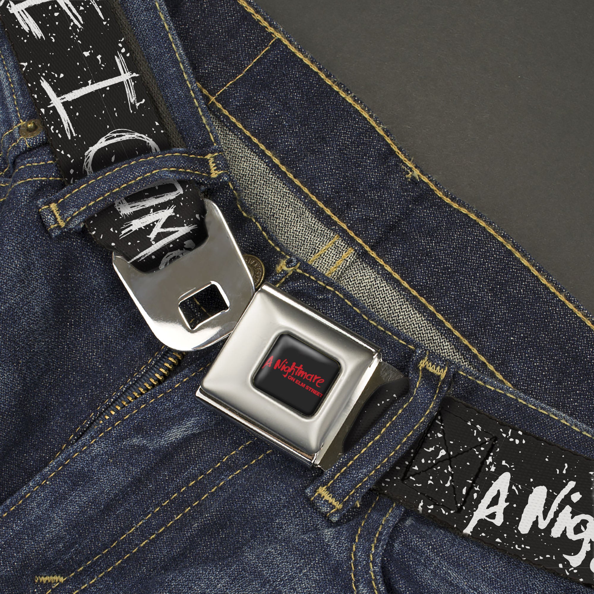 A NIGHTMARE ON ELM STREET Title Logo Full Color Black/Red Seatbelt Belt - A NIGHTMARE ON ELM ST READY OR NOT Freddy Scribbles Black/White Webbing Seatbelt Belts A Nightmare on Elm Street