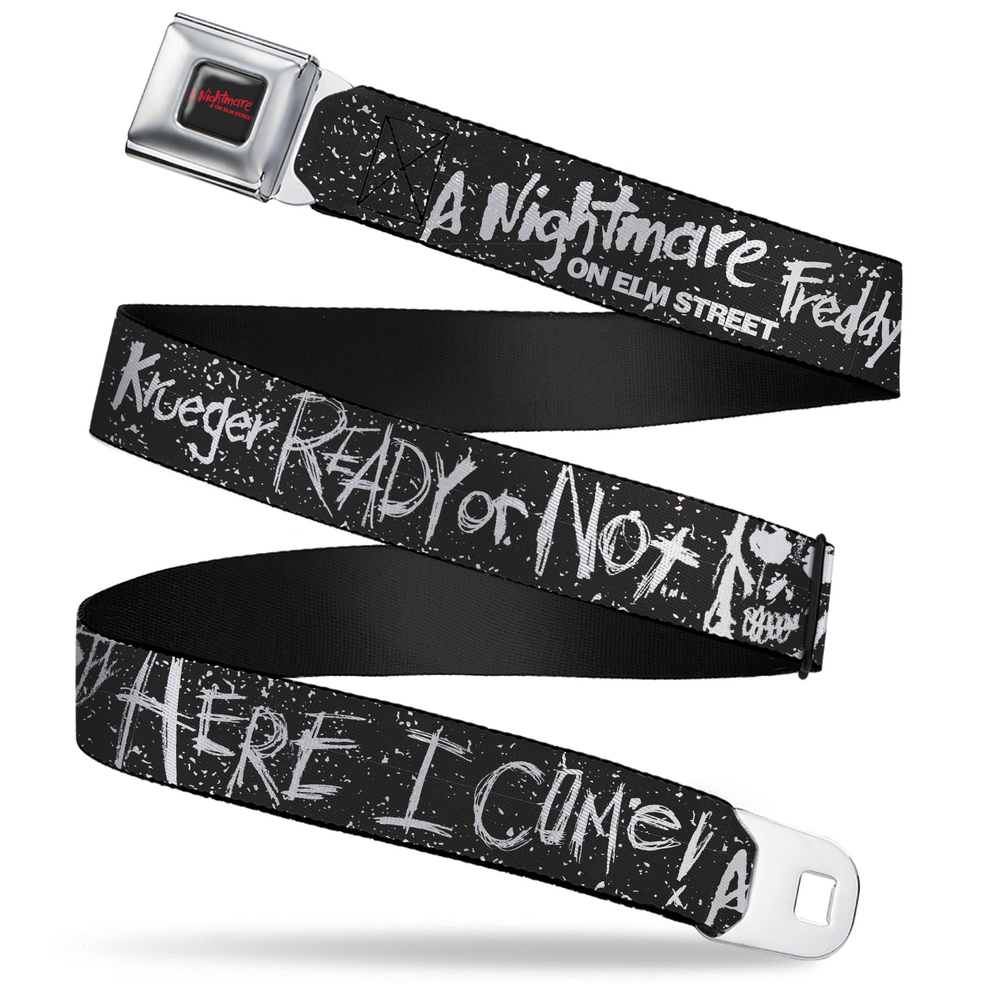 A NIGHTMARE ON ELM STREET Title Logo Full Color Black/Red Seatbelt Belt - A NIGHTMARE ON ELM ST READY OR NOT Freddy Scribbles Black/White Webbing Seatbelt Belts A Nightmare on Elm Street